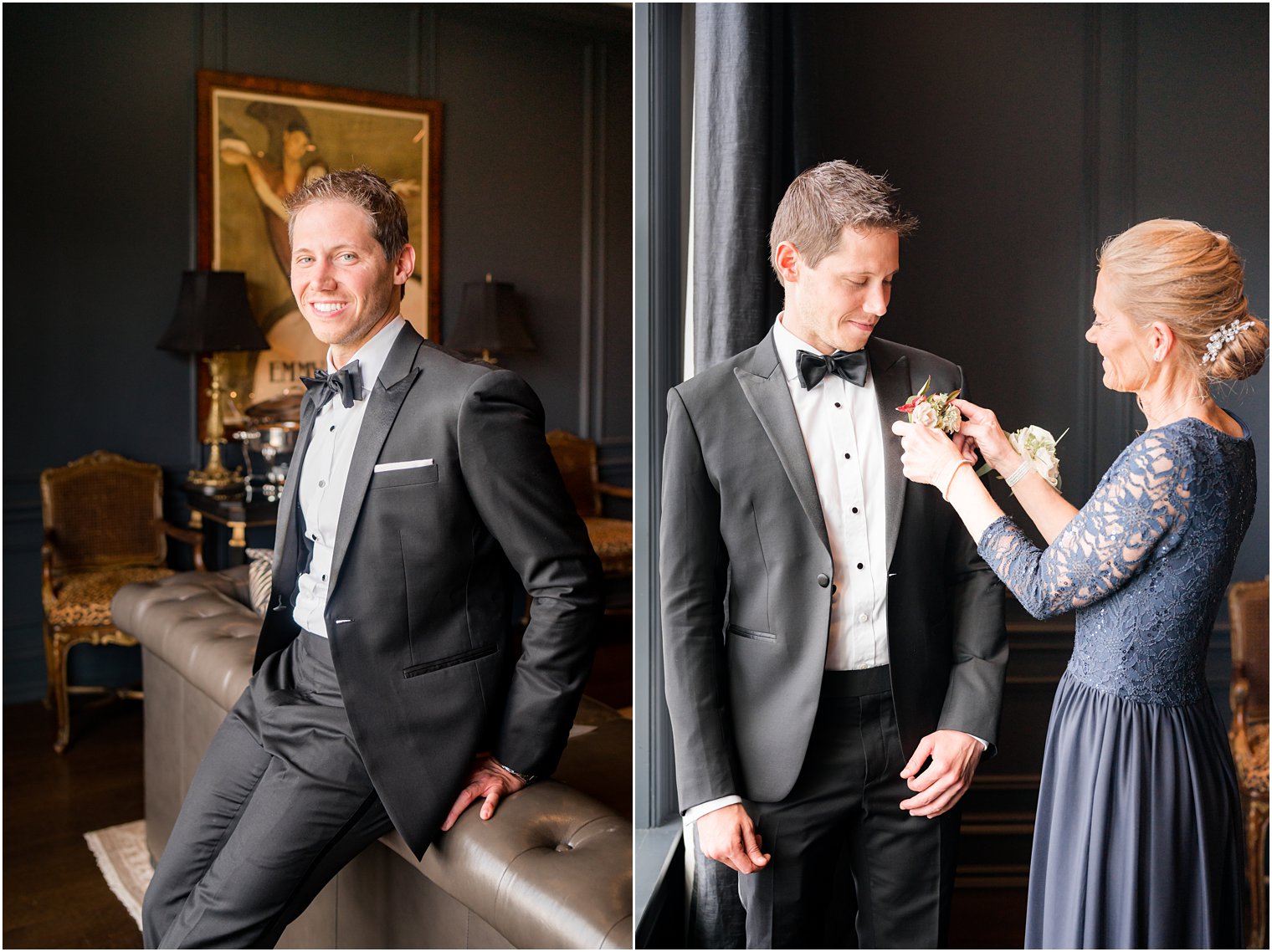 mother helps groom with boutonnière before East Brunswick NJ wedding