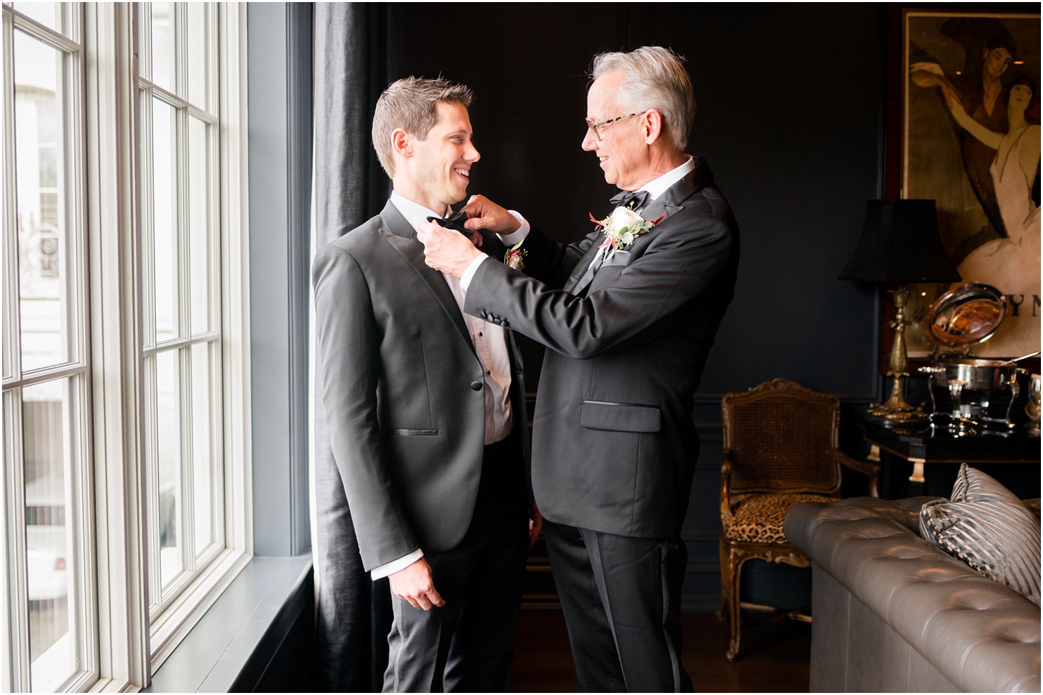 groom and his dad adjust ties before NJ wedding 