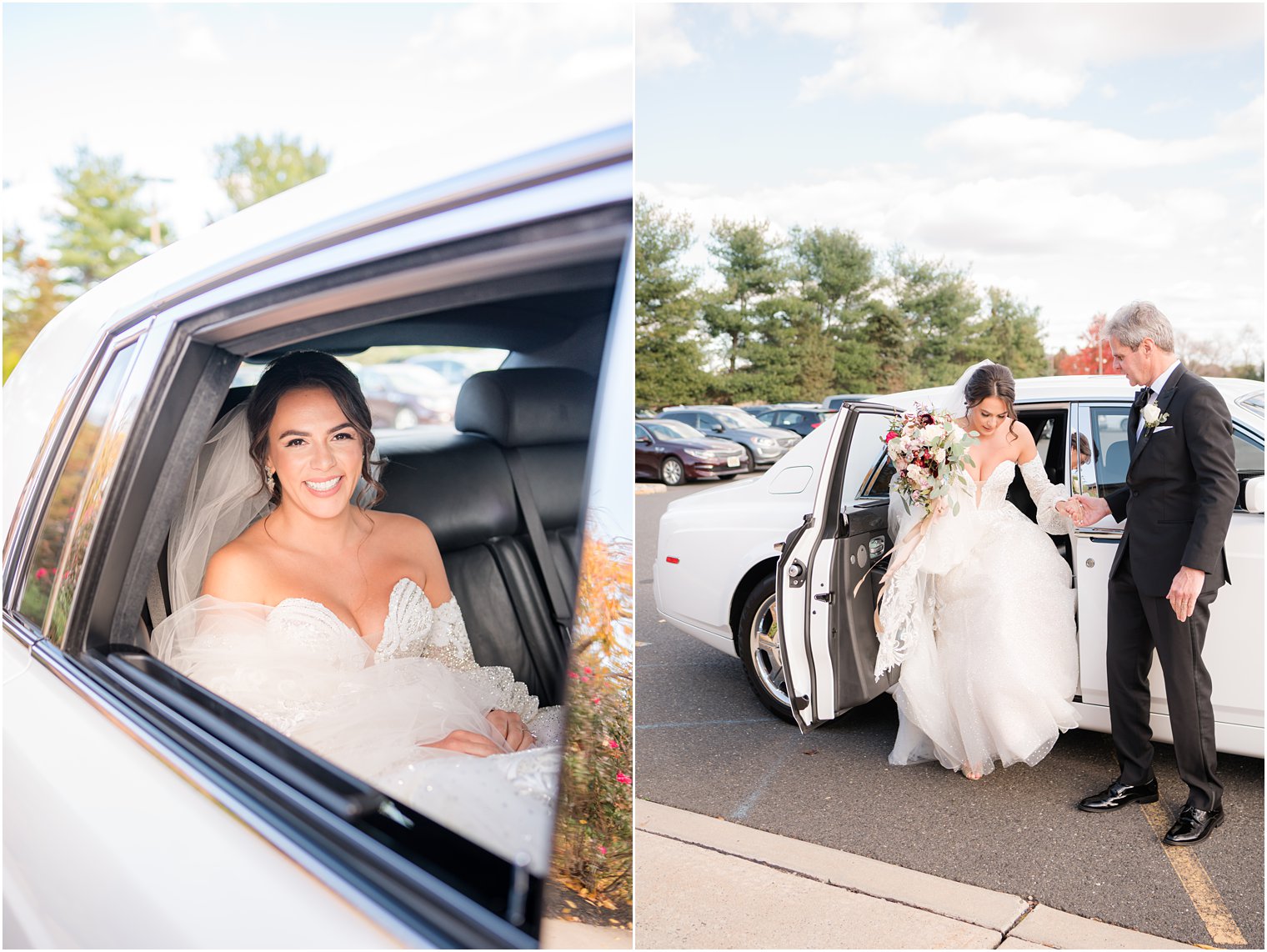 bride arrives to church wedding in white car