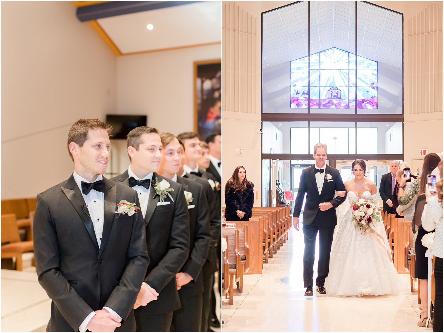 bride walks down aisle for Monroe Township NJ wedding ceremony in church