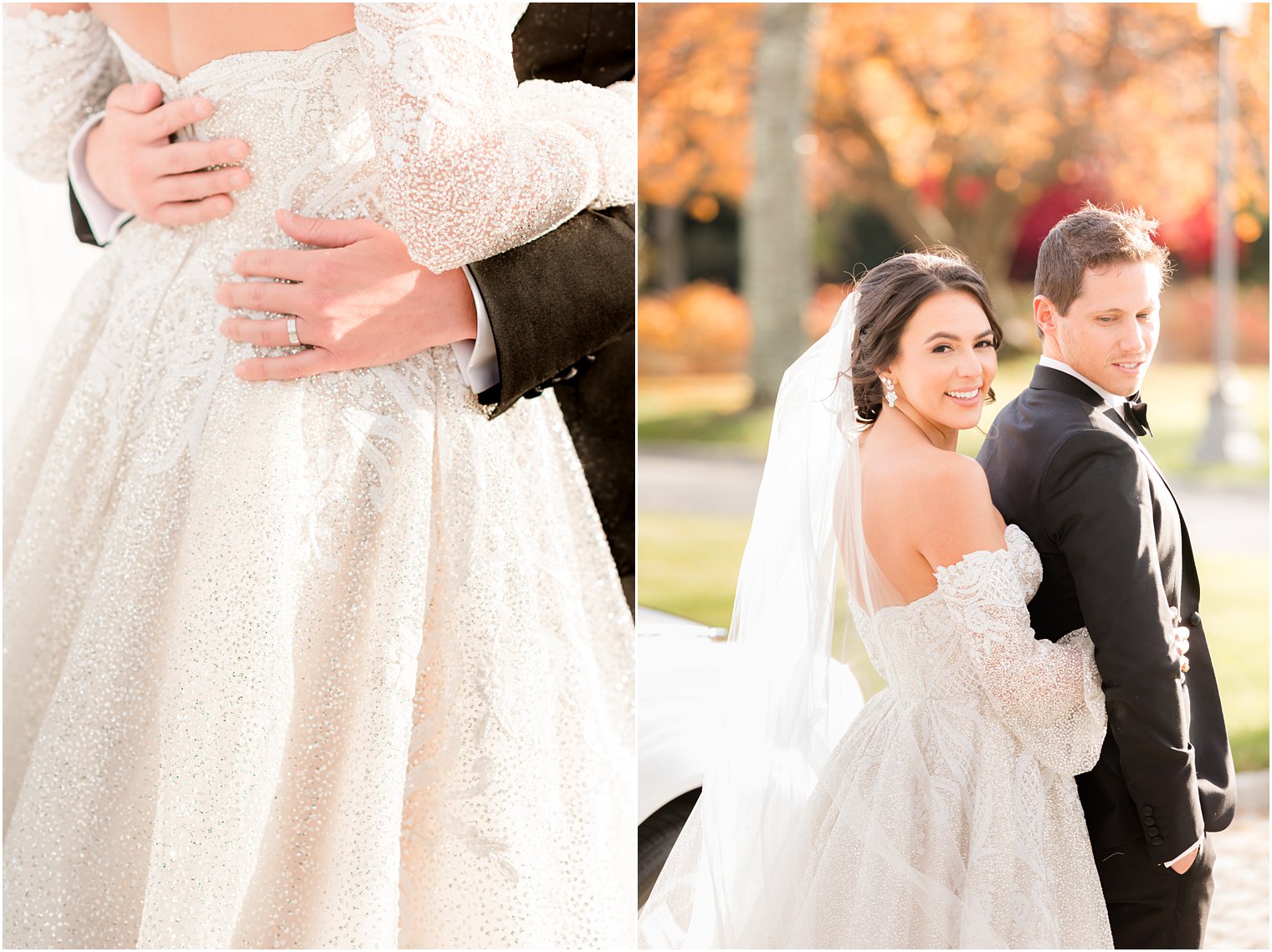 groom hugs bride during fall wedding portraits in New Jersey 
