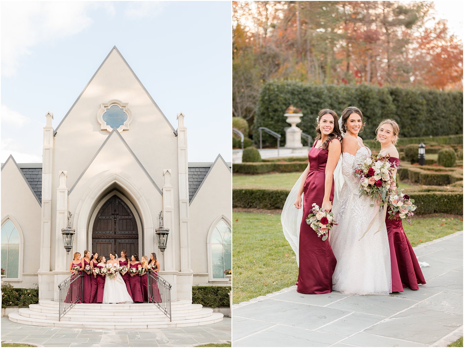 bride poses with bridesmaids in burgundy gowns outside chapel at Park Chateau Estate