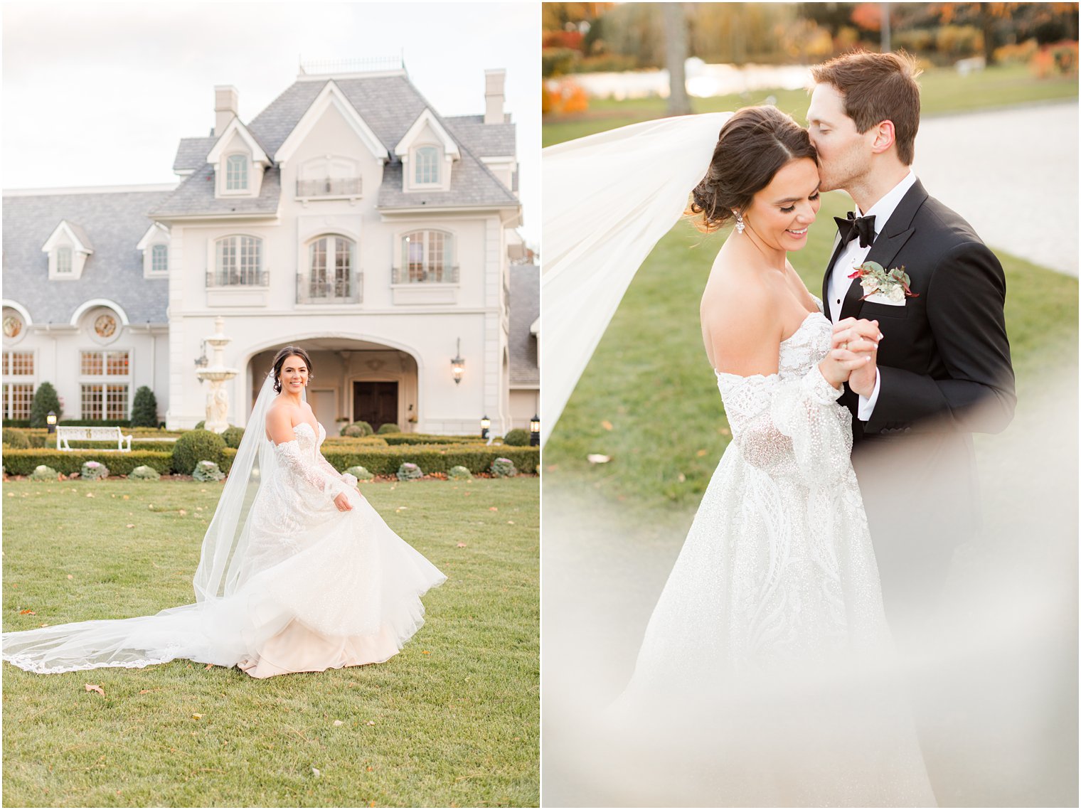 groom holds bride kissing her forehead outside the manor at Park Chateau Estate