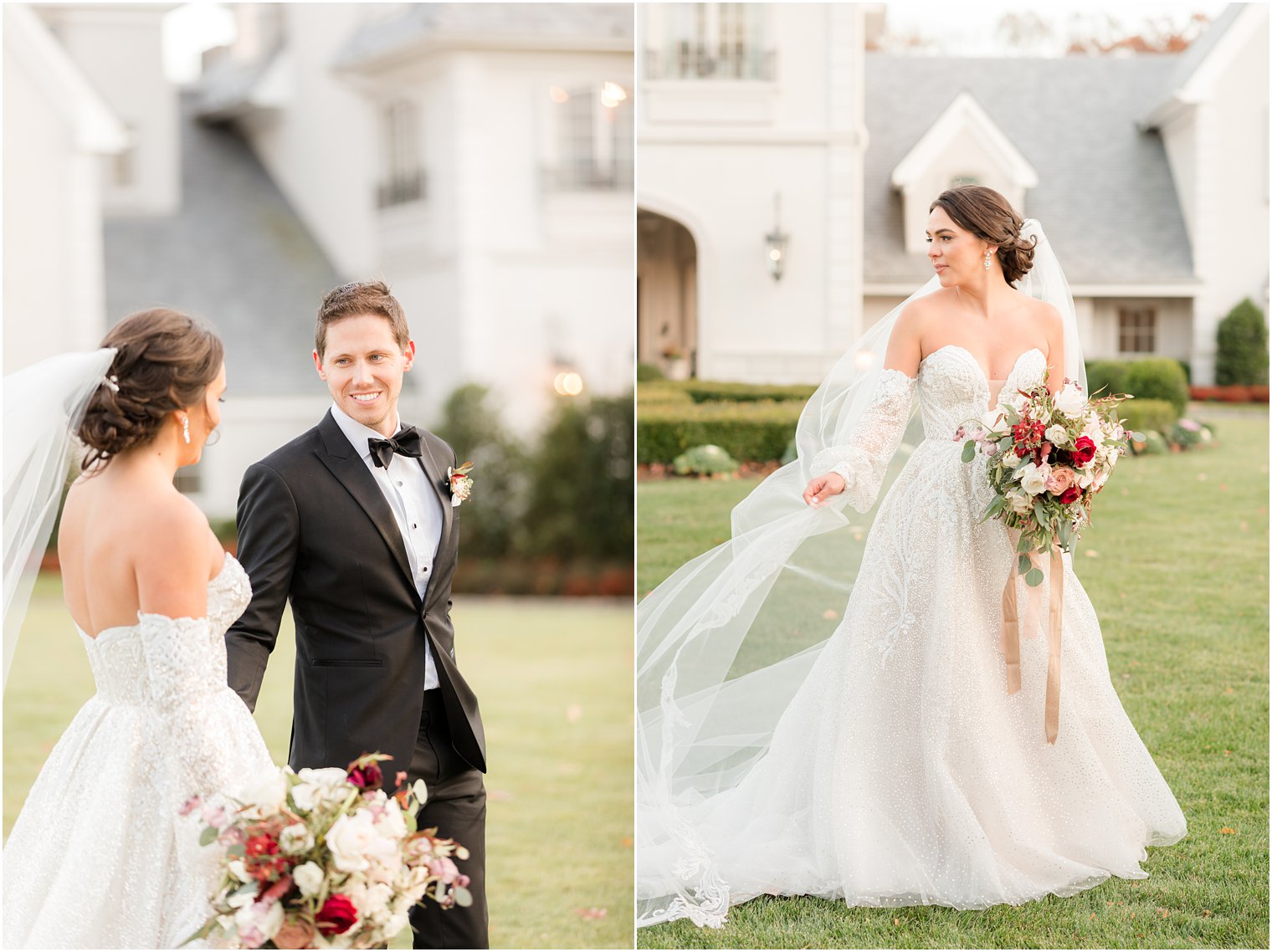 bride walks outside manor at Park Chateau Estate with veil in her hand and bouquet of white and red flowers 