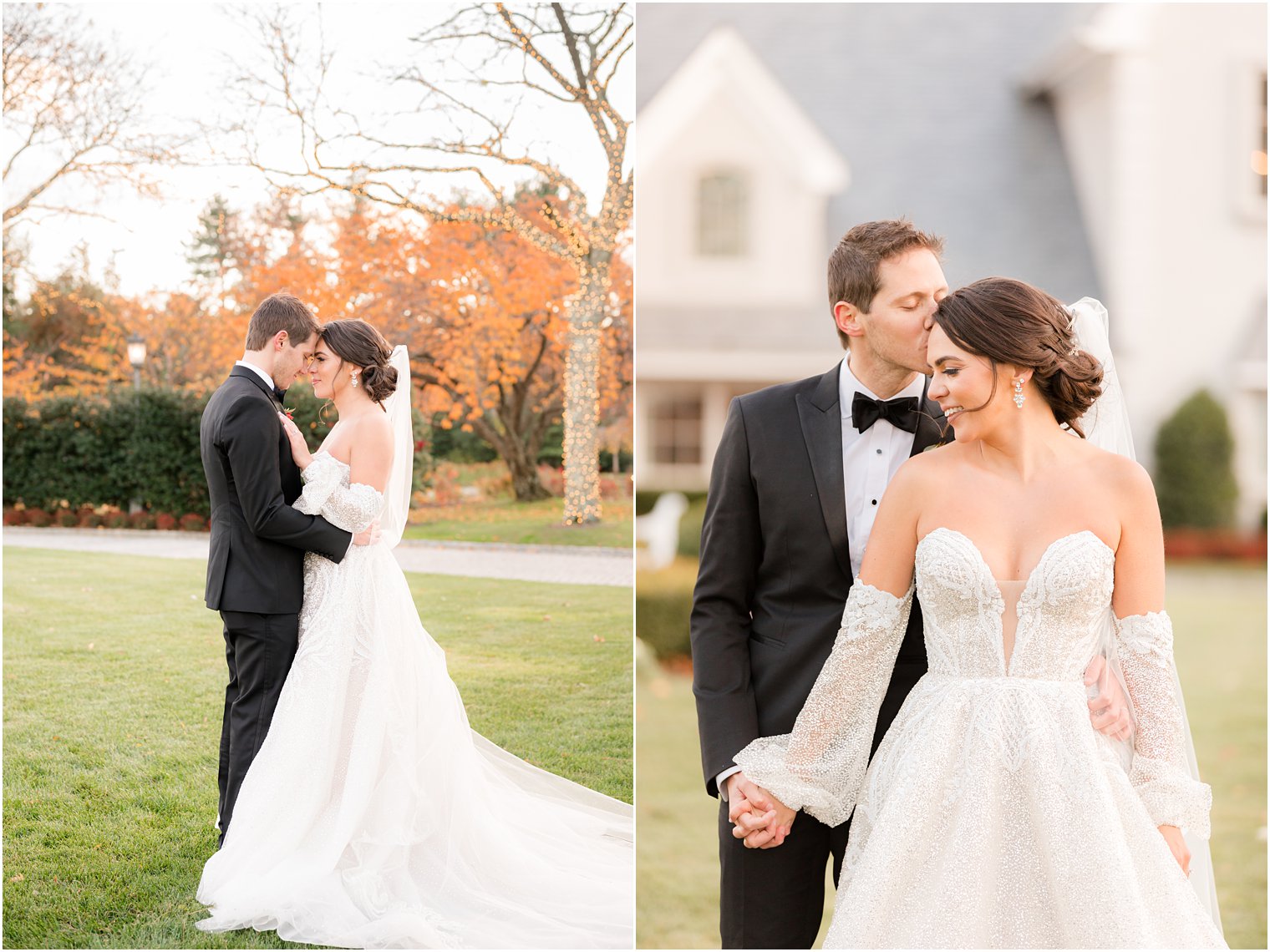 bride and groom hug on lawn during NJ wedding portraits in East Brunswick 