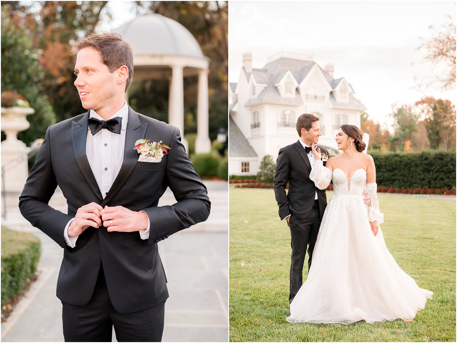 groom buttons up suit jacket with holiday inspired boutonniere 