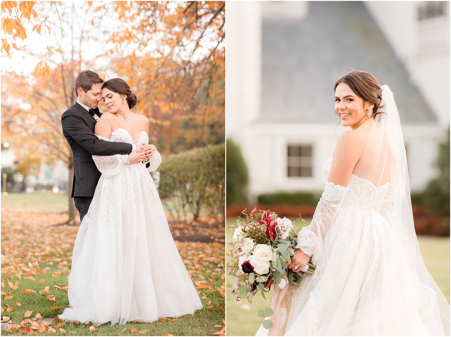 groom hugs bride from behind under tree with orange leaves