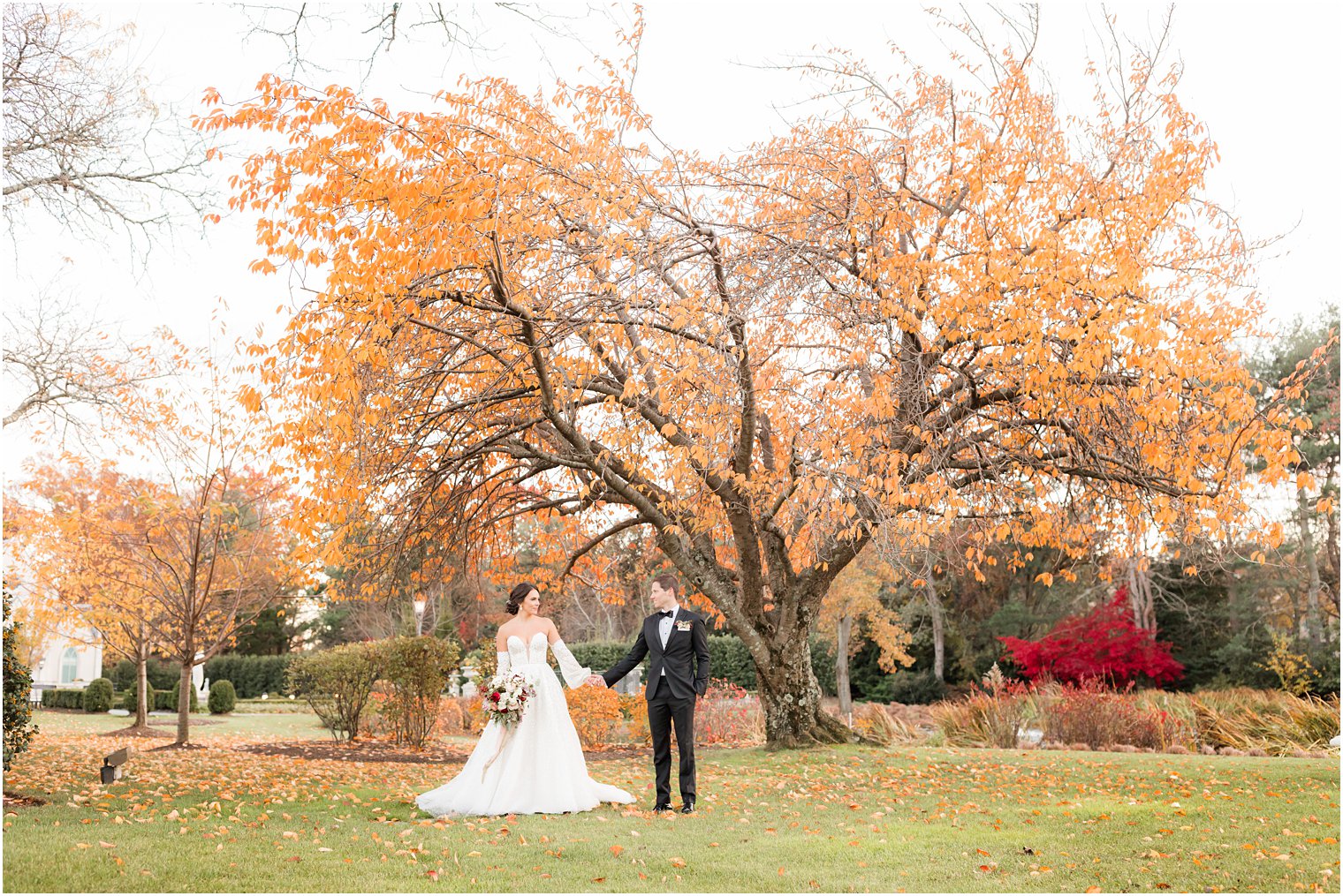 newlyweds hold hands under tree with orange leaves during winter wedding portraits at Park Chateau Estate