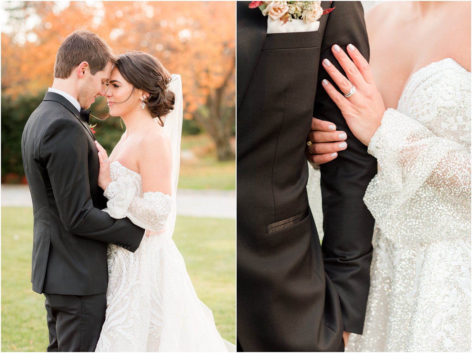 bride holds groom's arm in black suit jacket showing off engagement ring