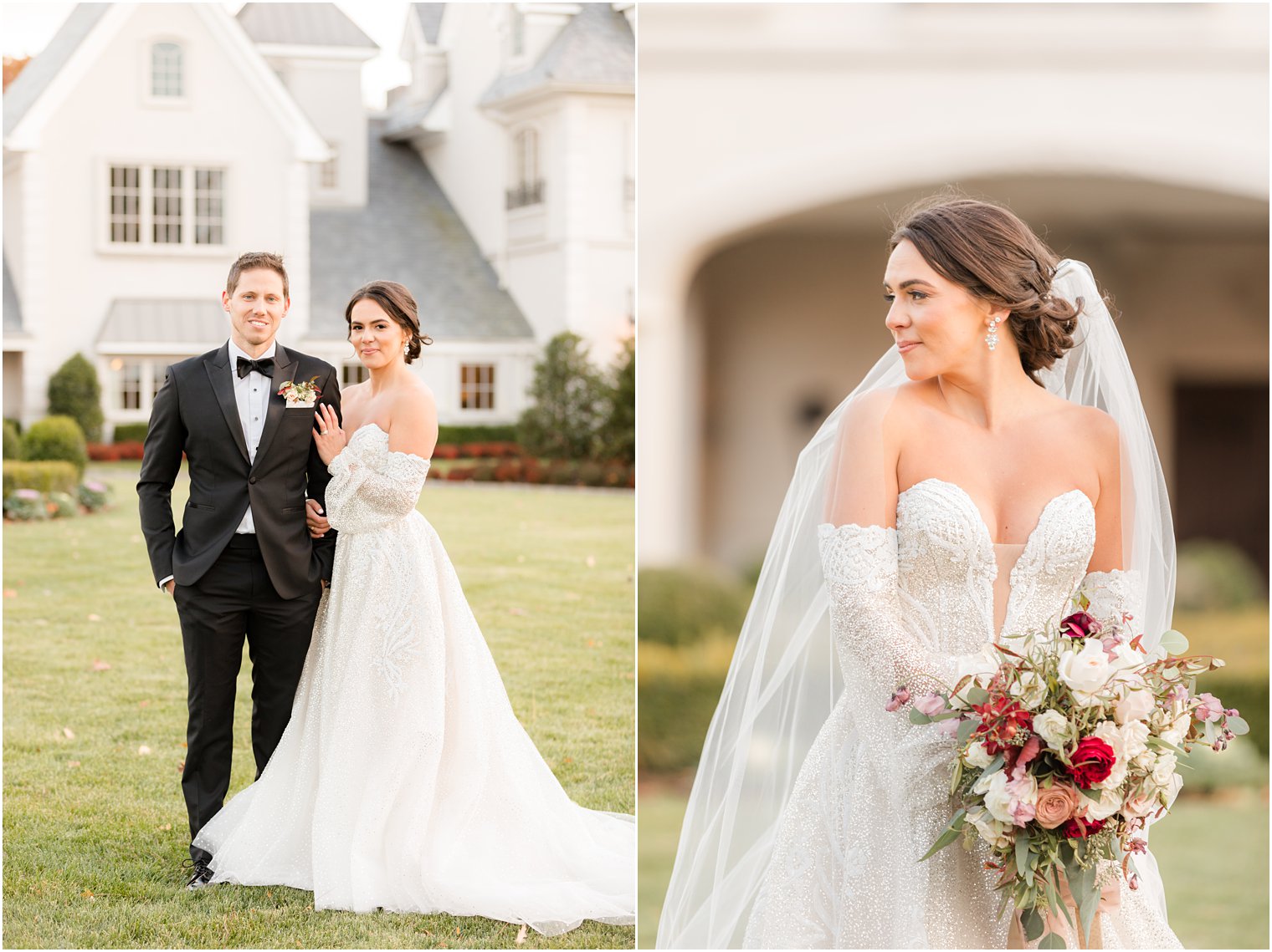 bride and groom stand on lawn at Park Chateau Estate