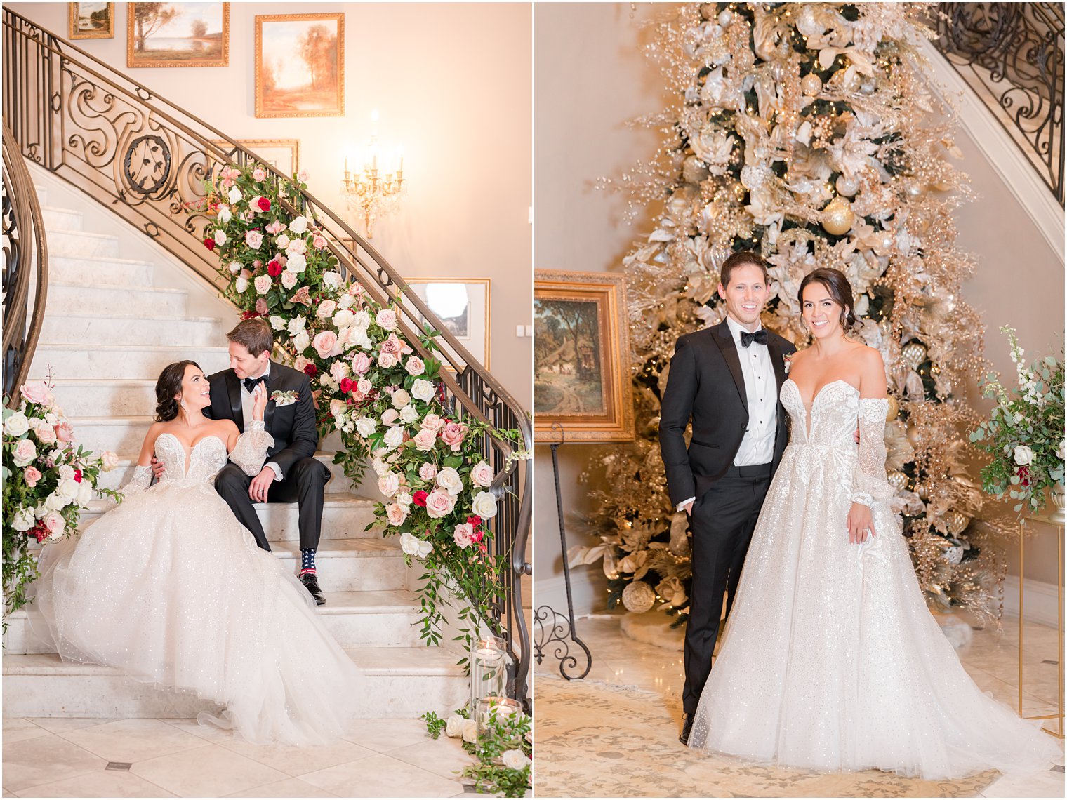newlyweds pose on staircase at Park Chateau Estate for winter wedding portraits 