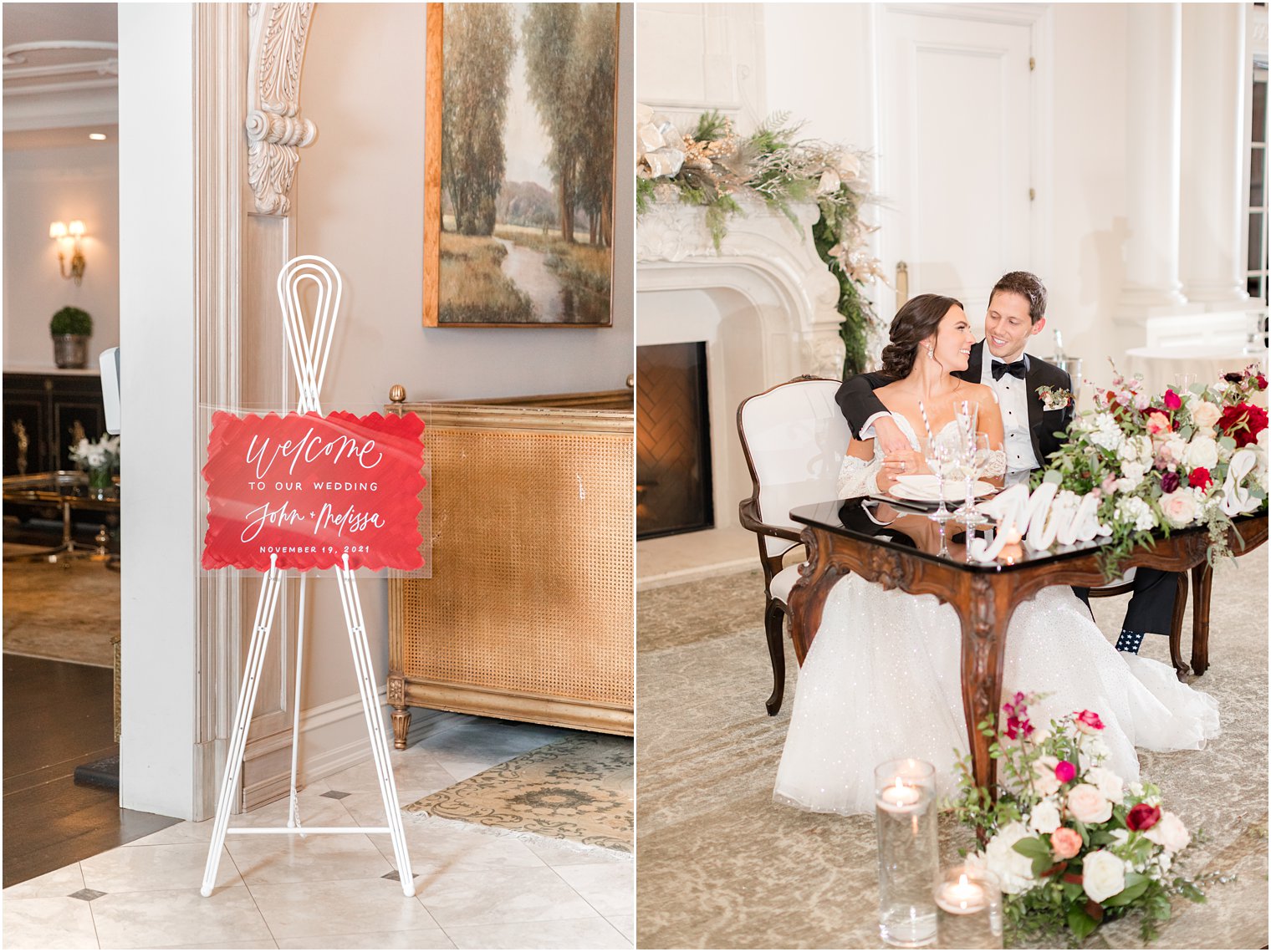 newlyweds sit at sweetheart table for winter wedding at Park Chateau Estate