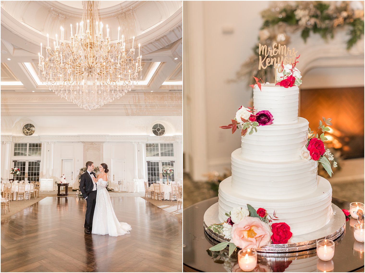 newlyweds stand together in ballroom at Park Chateau Estate with wedding cake