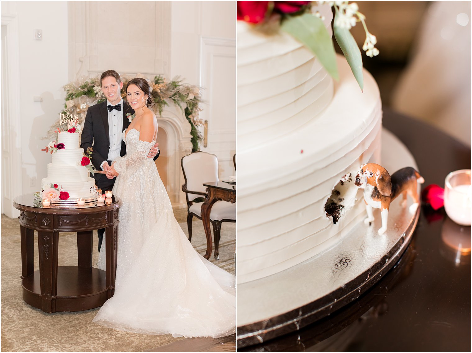 bride and groom cut wedding cake for winter wedding at Park Chateau Estate