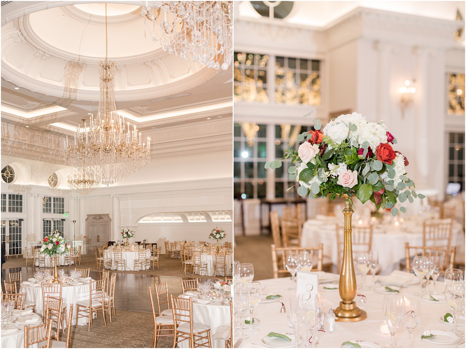 tall floral centerpieces in gold vases at Park Chateau Estate