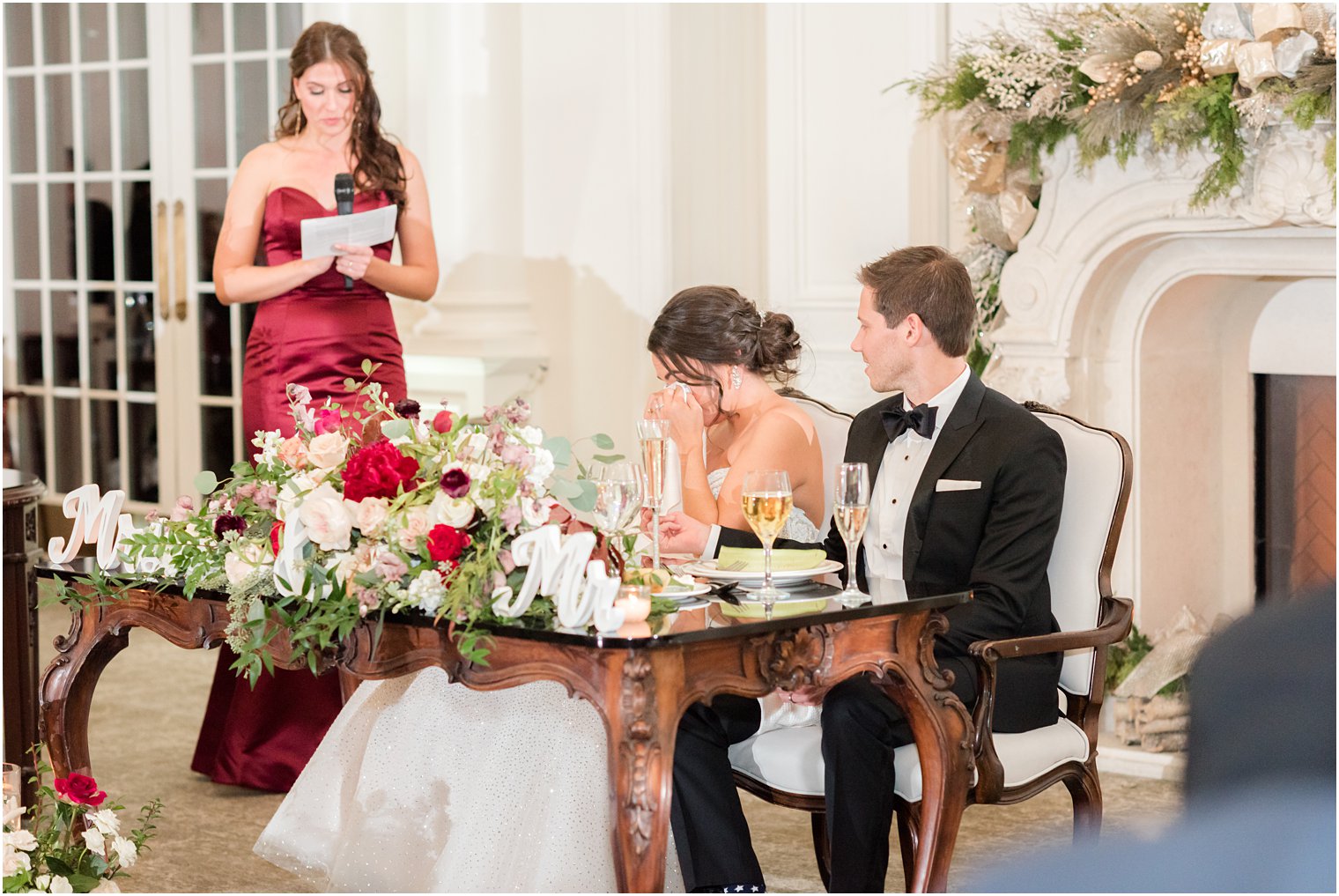 bride tears up during speeches at winter Park Chateau Estate wedding