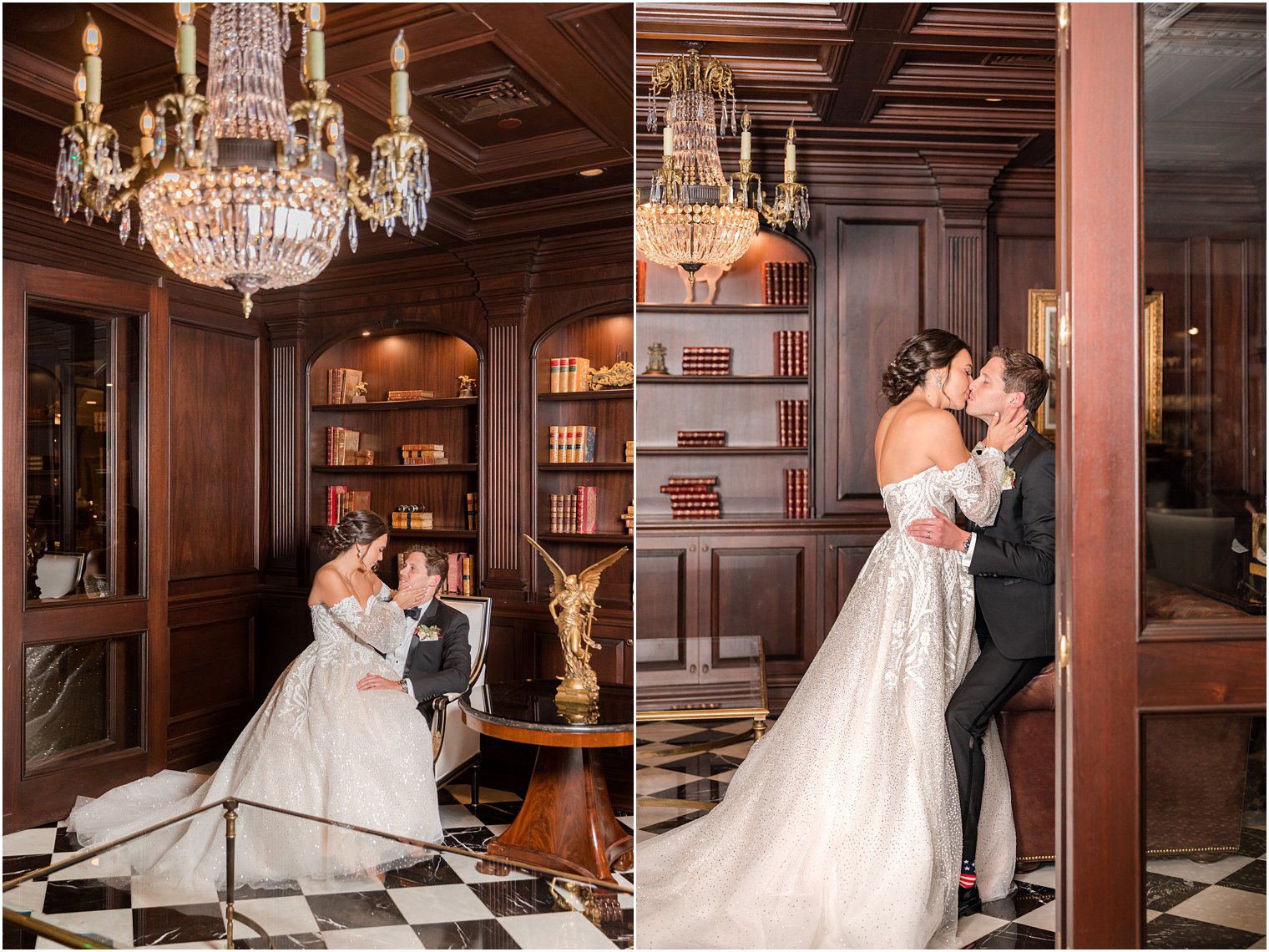romantic Park Chateau Estate wedding portraits in library with dark wooden walls