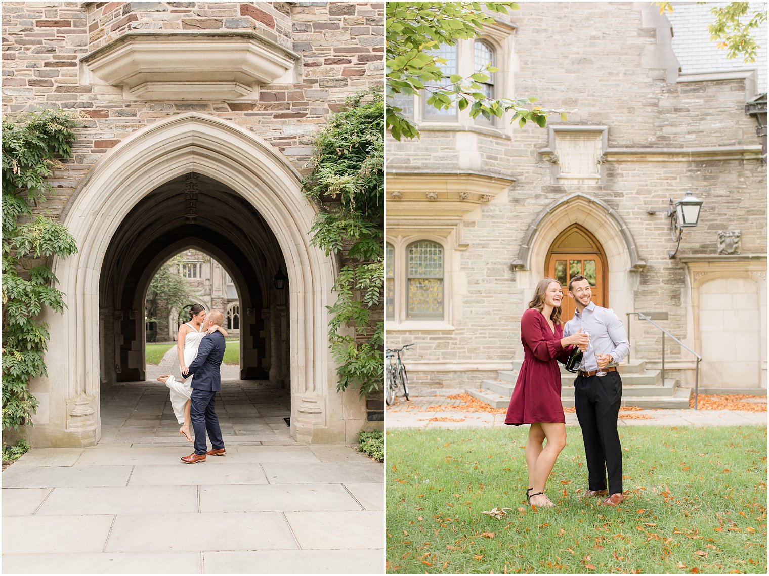 couple pops champagne on lawn of Rockefeller College during engagement photos at Princeton University