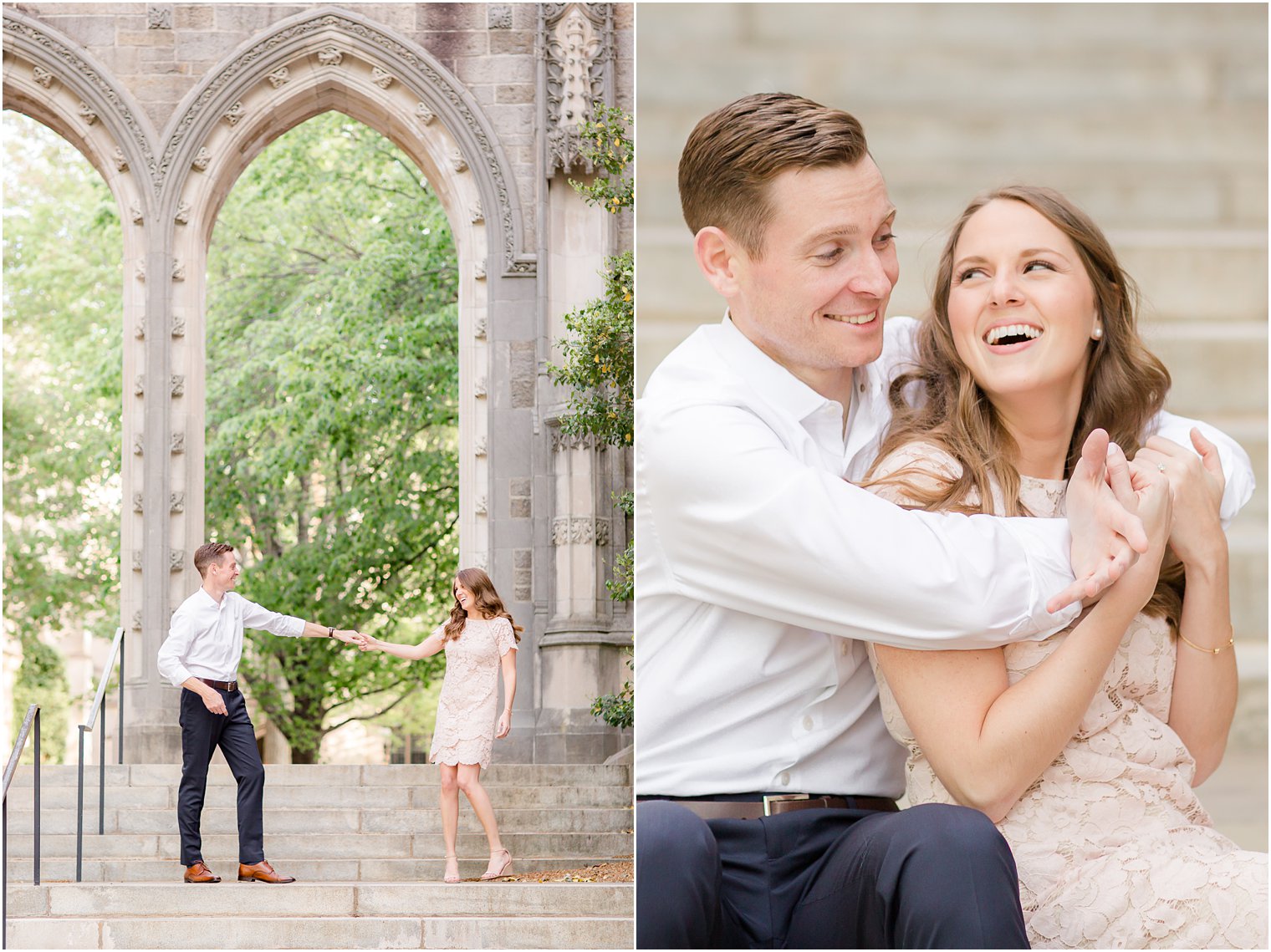 couple hugs on steps of Princeton Chapel 