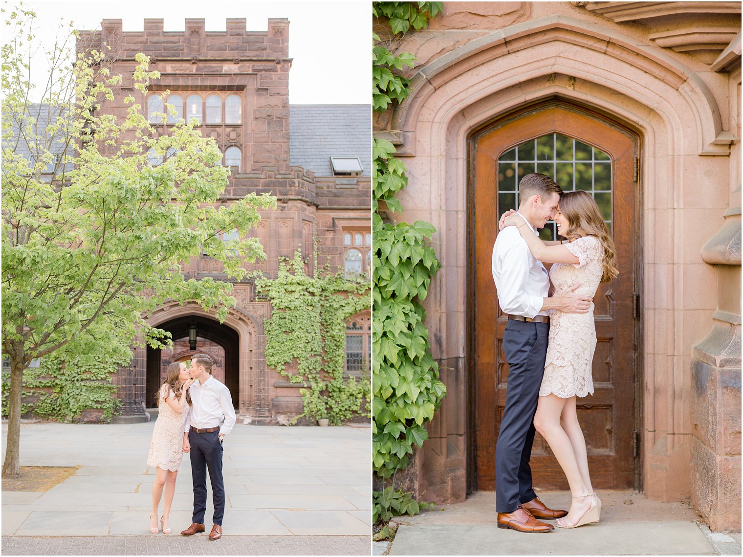 couple kisses during engagement session at Princeton University's Pyne Hall