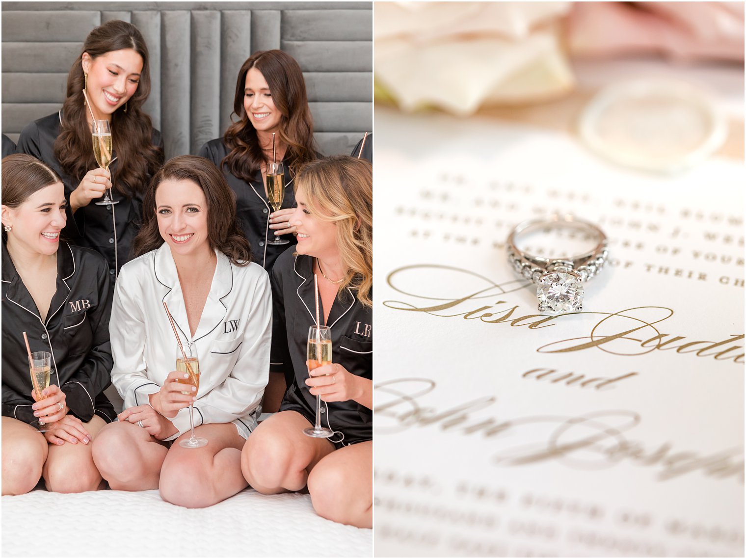 bridesmaids smile at bride during wedding prep for Park Chateau winter wedding