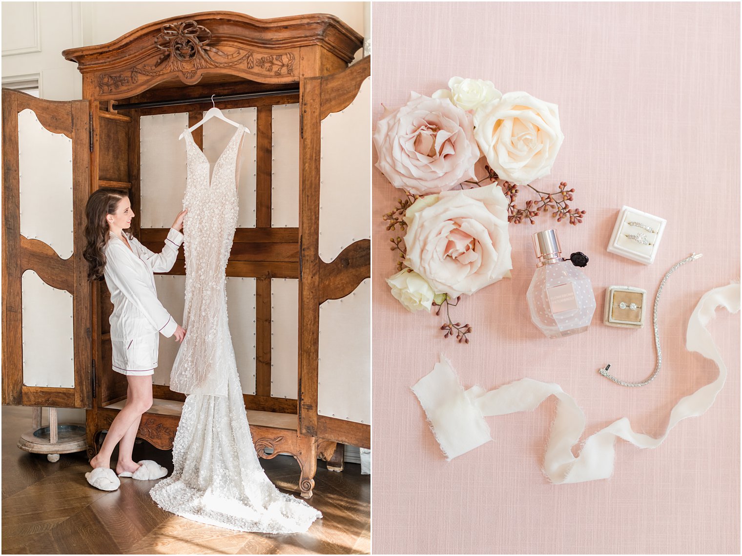 bride looks at wedding gown hanging in armoire at Park Chateau Estate 