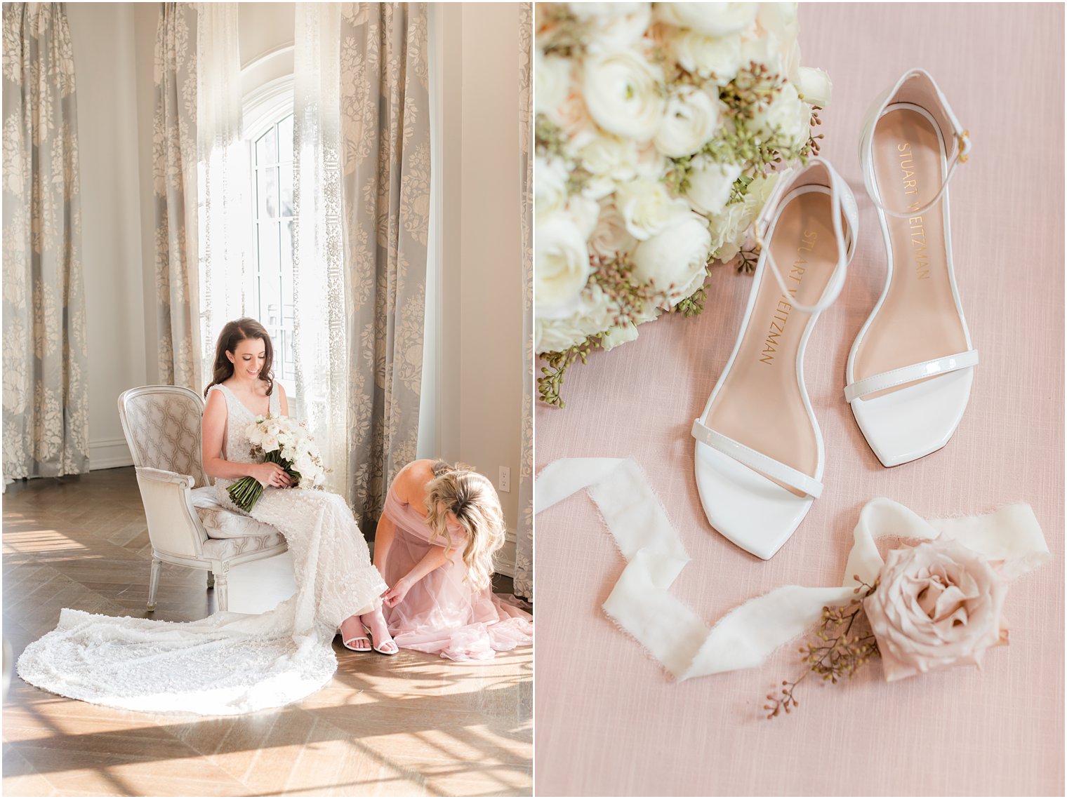 bride holds bouquet of white flowers while bridesmaid adjusts shoes for her 
