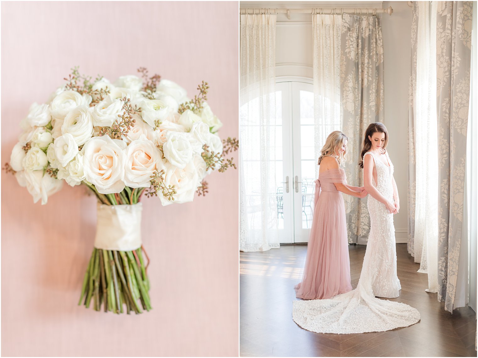 bride's all-white wedding bouquet on pink background while mother helps bride with dress