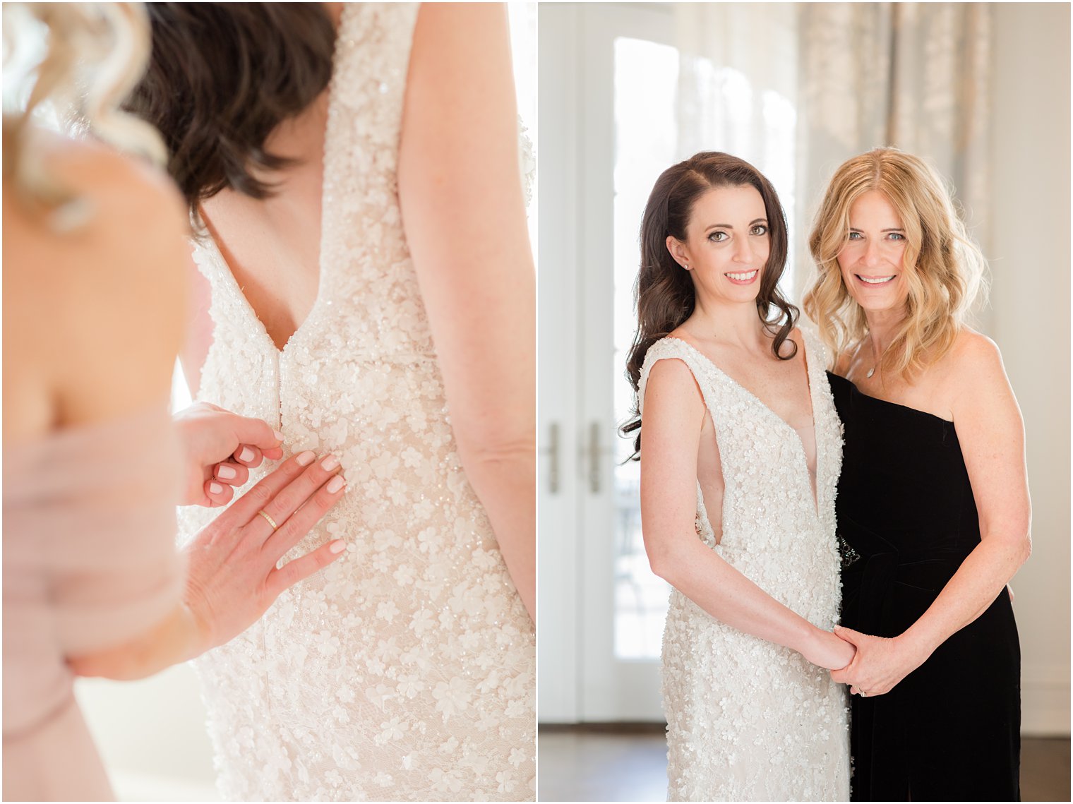 bridesmaid helps bride prepare for Park Chateau winter wedding