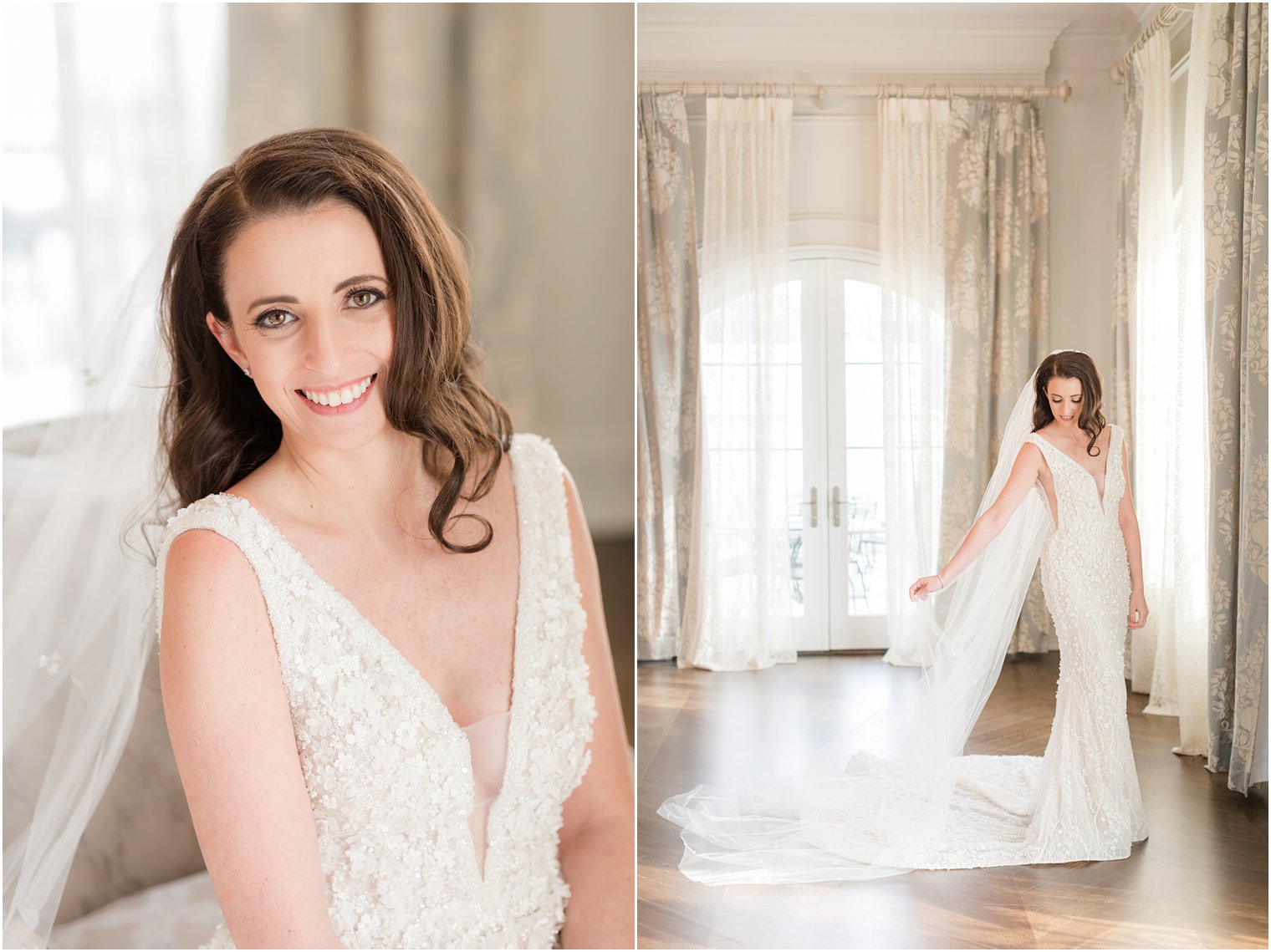 bridal portraits in suite with bride moving veil behind her 