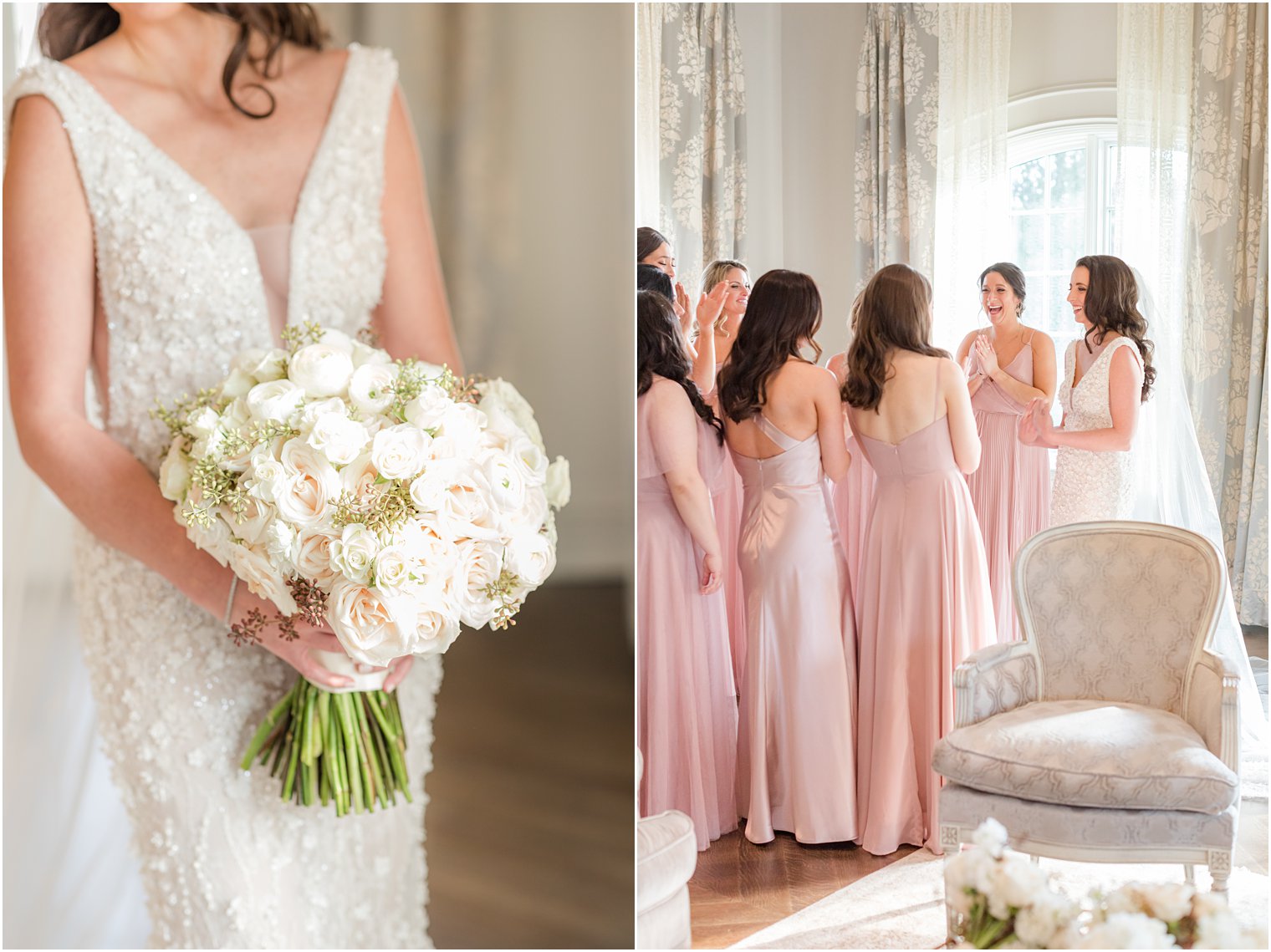 bridesmaids have first look with bride before Park Chateau winter wedding