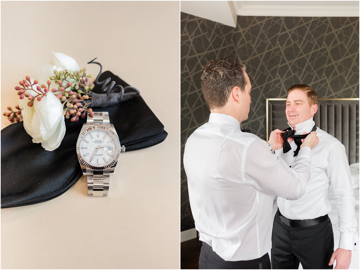 groomsman helps groom with tie on wedding morning 