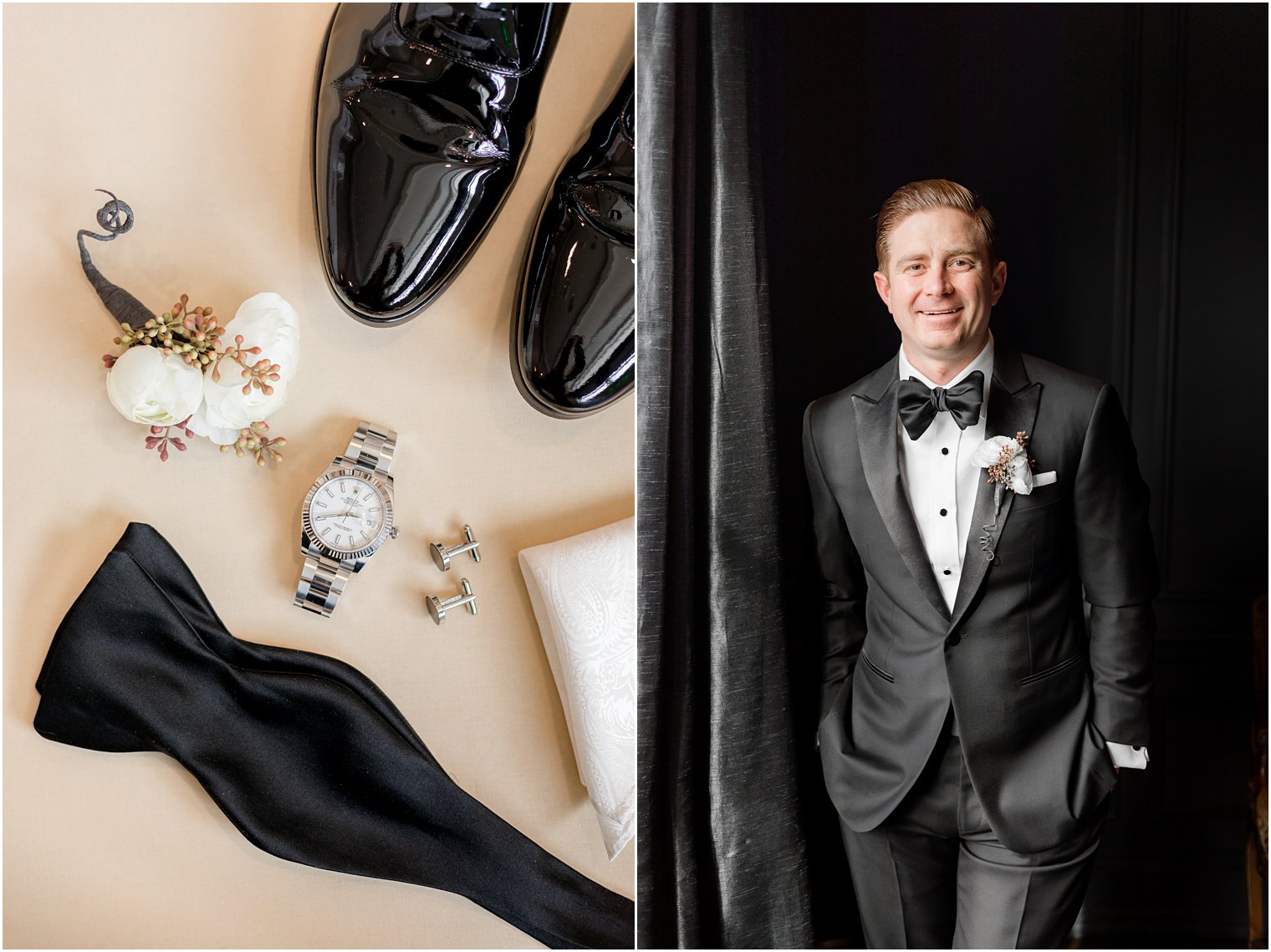 groom stands with hands in pockets in front of black curtain at Park Chateau Estate 