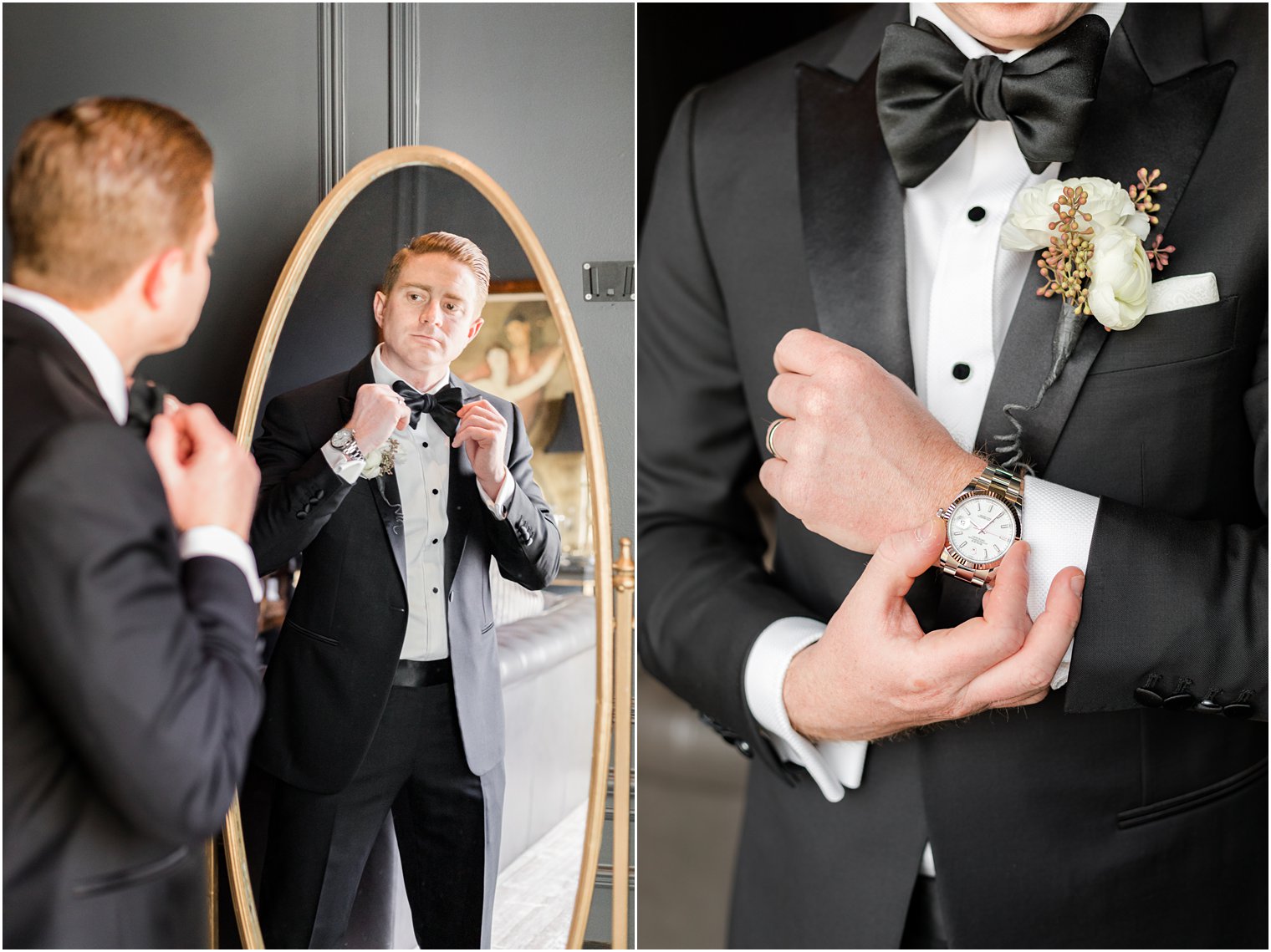 groom adjusts tie and watch before winter wedding day 