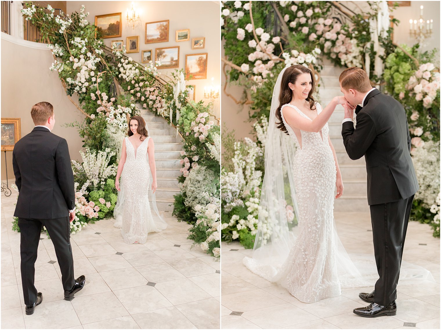 groom kisses bride's hand during first look before Park Chateau winter wedding