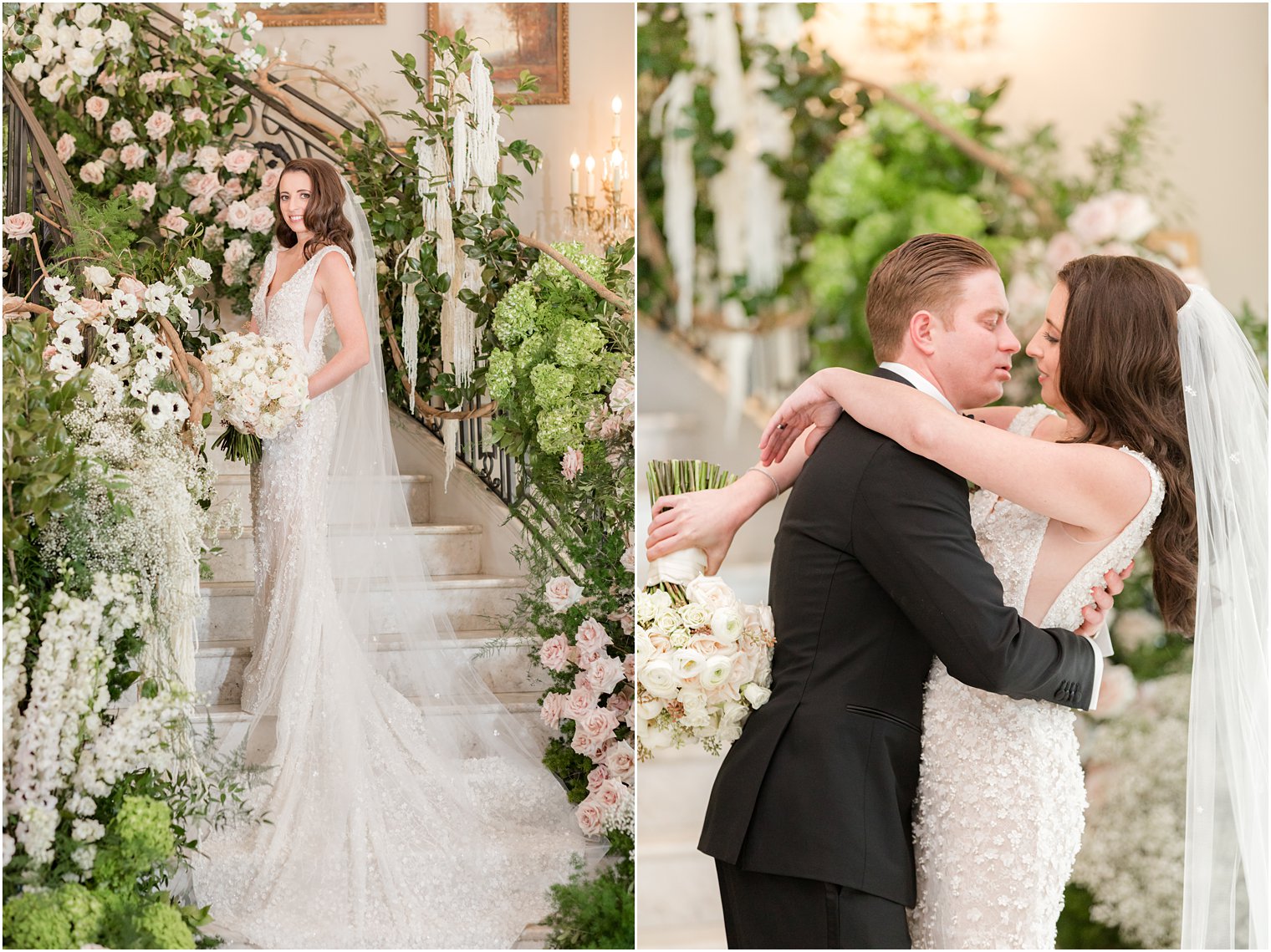 bride stands on steps of Park Chateau Estate with veil draped down behind her 