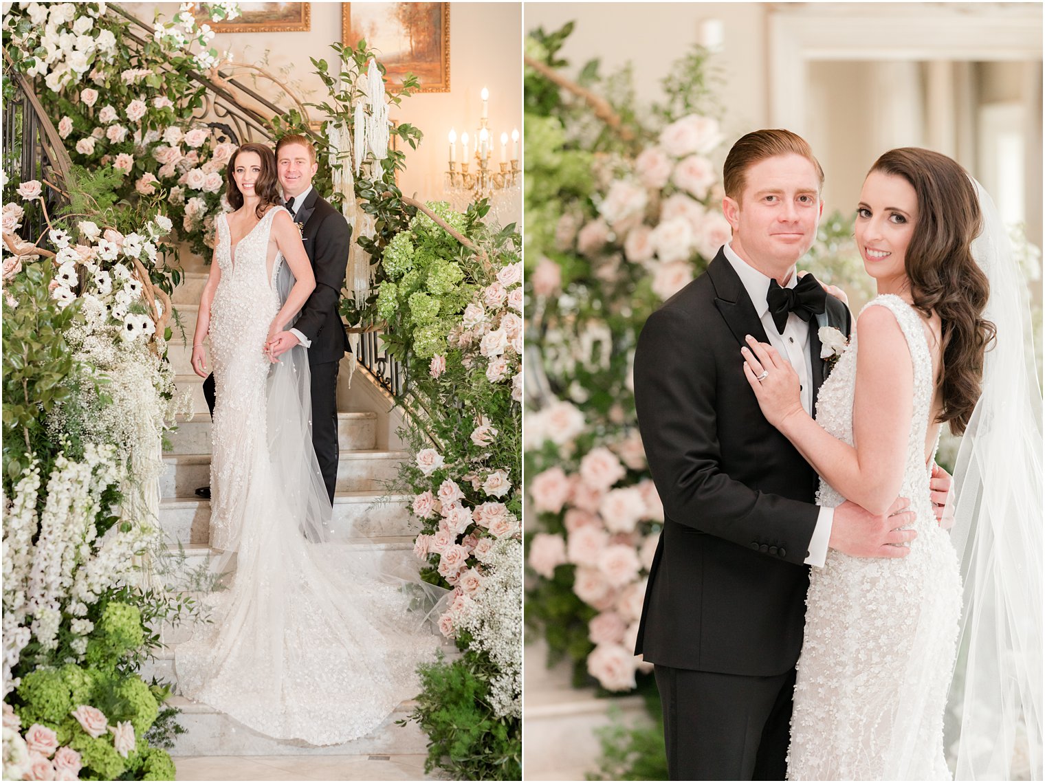 newlyweds stand on stairs at Park Chateau Estate covered in flowers 