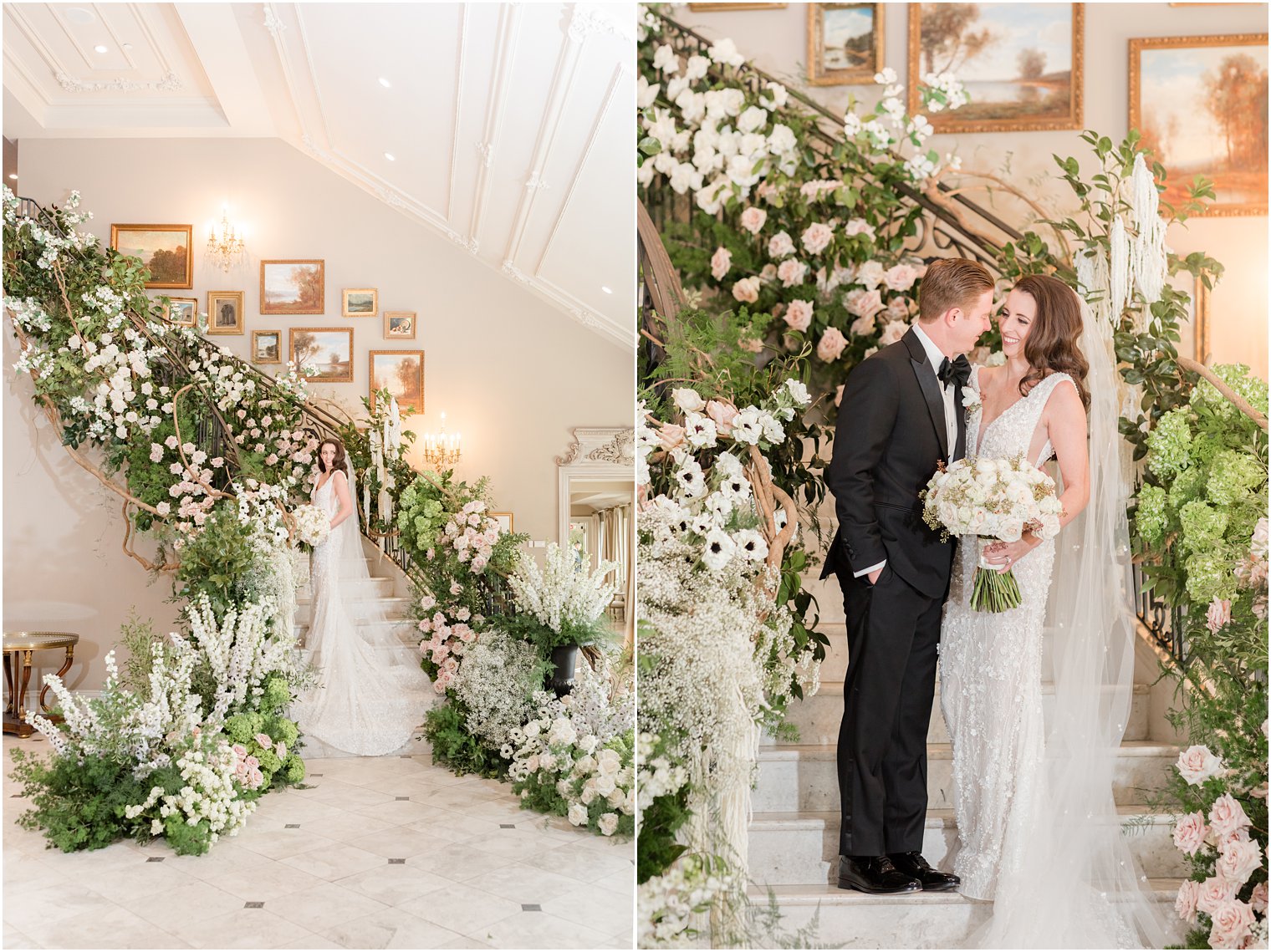 newlyweds stand laughing on staircase in Park Chateau covered in green and pink flowers 