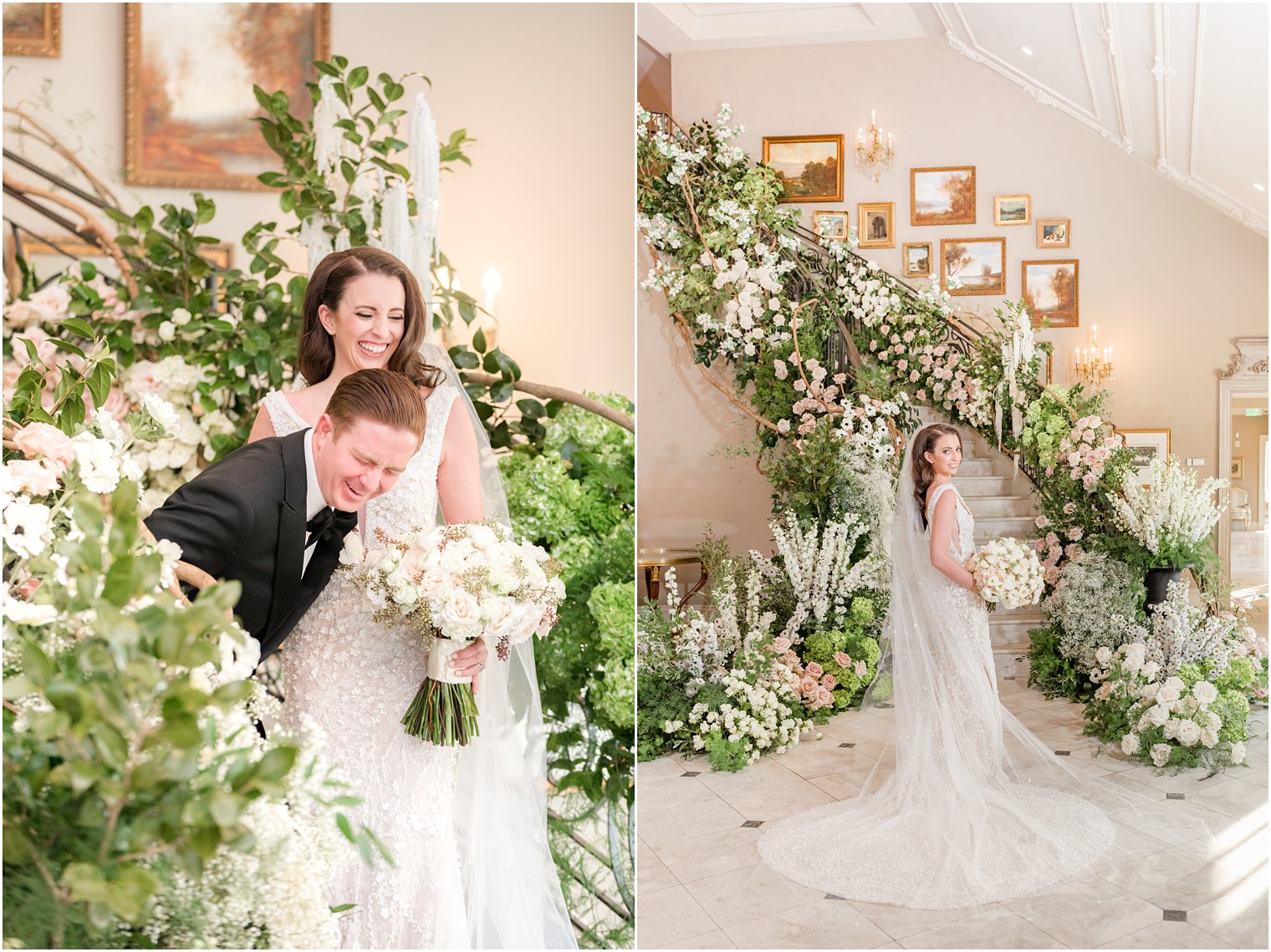 bride and groom laugh standing on staircase covered in floral installation at Park Chateau Estate 