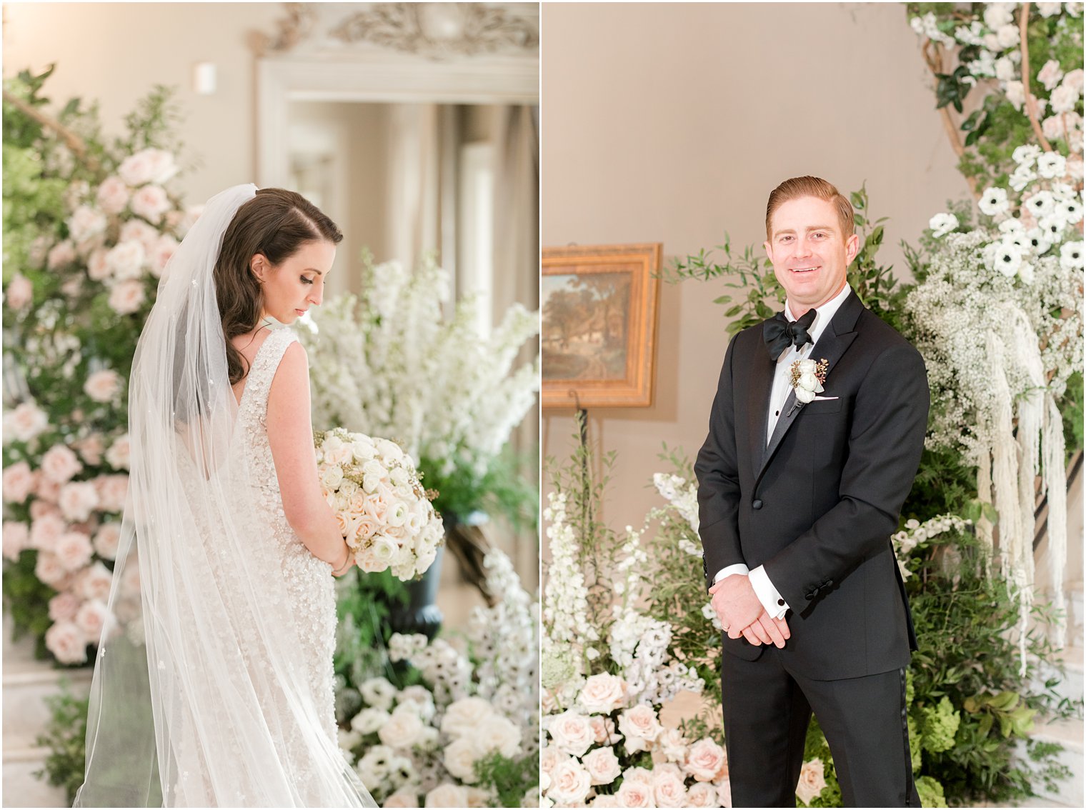 portraits of bride and groom on staircase covered in flowers at Park Chateau Estate 