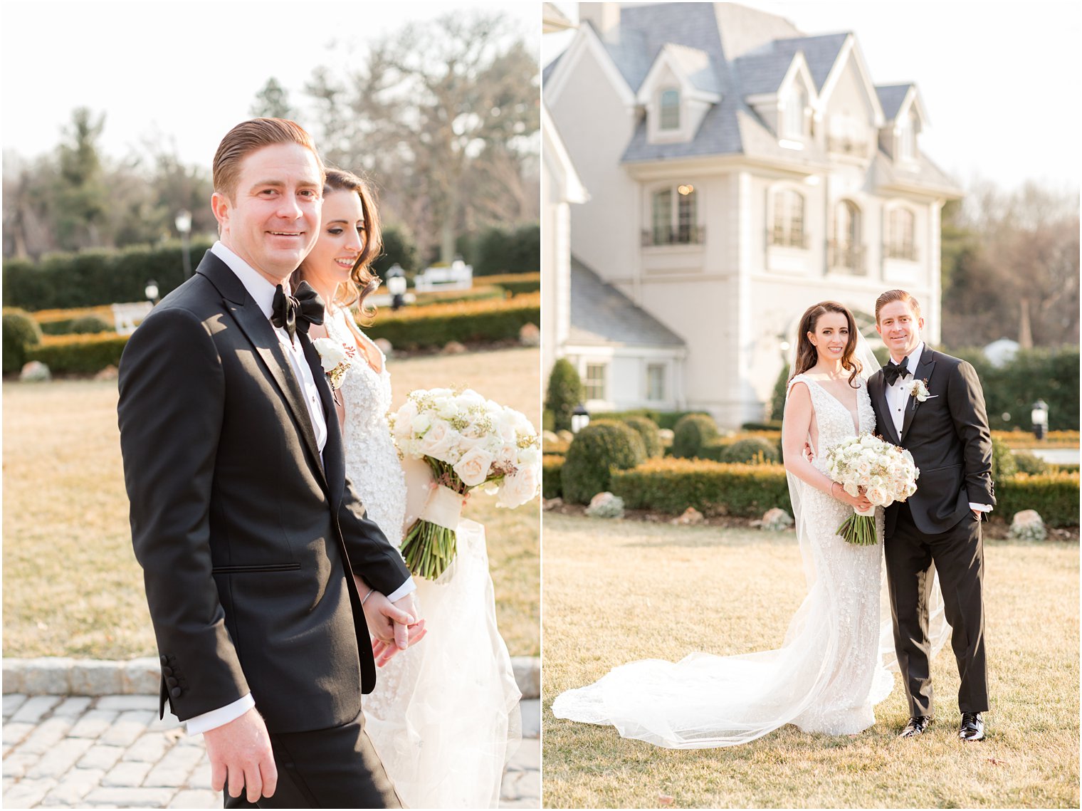 bride and groom walk outside home at Park Chateau Estate 