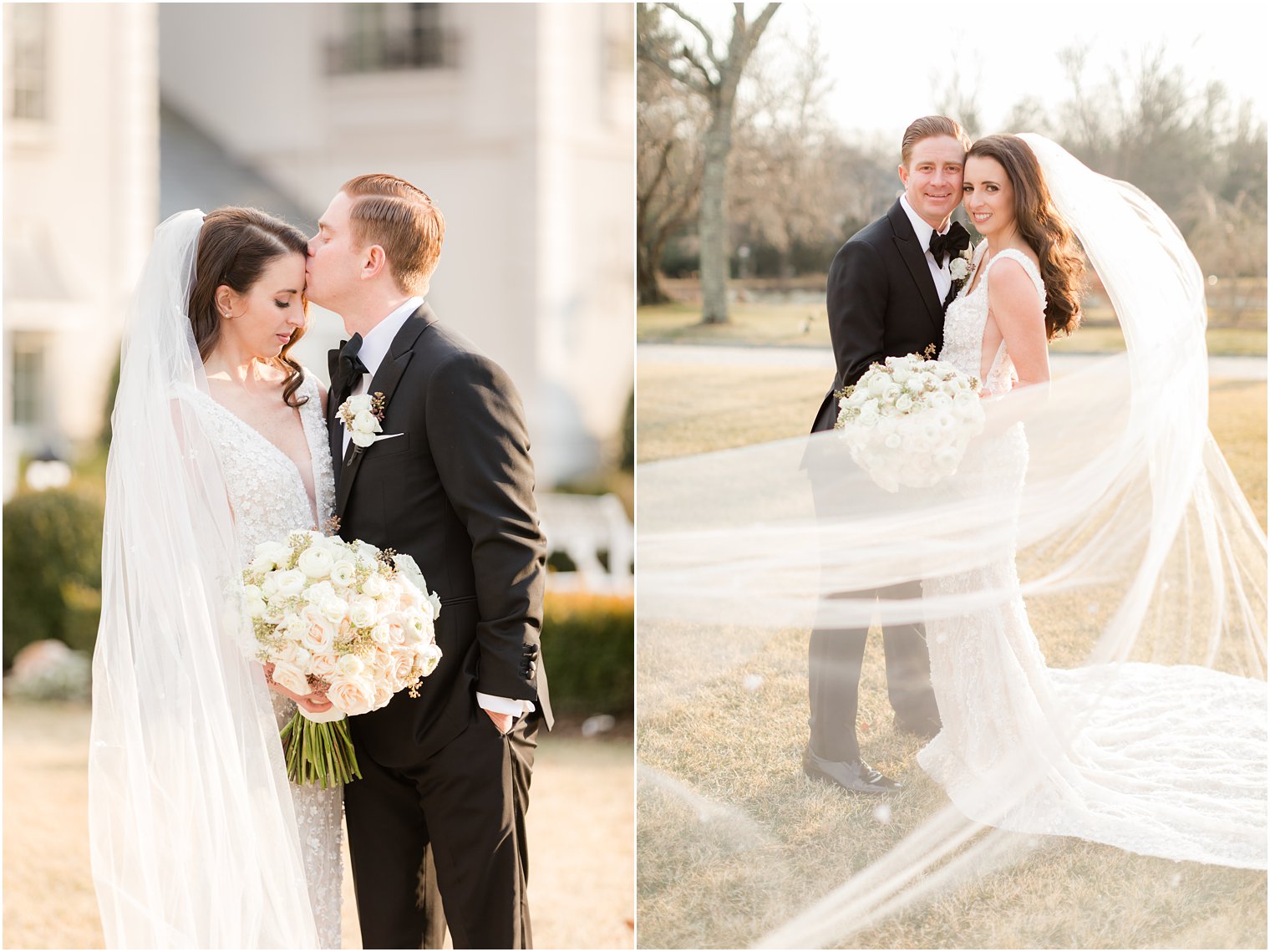 groom kisses bride's forehead during NJ wedding portraits 