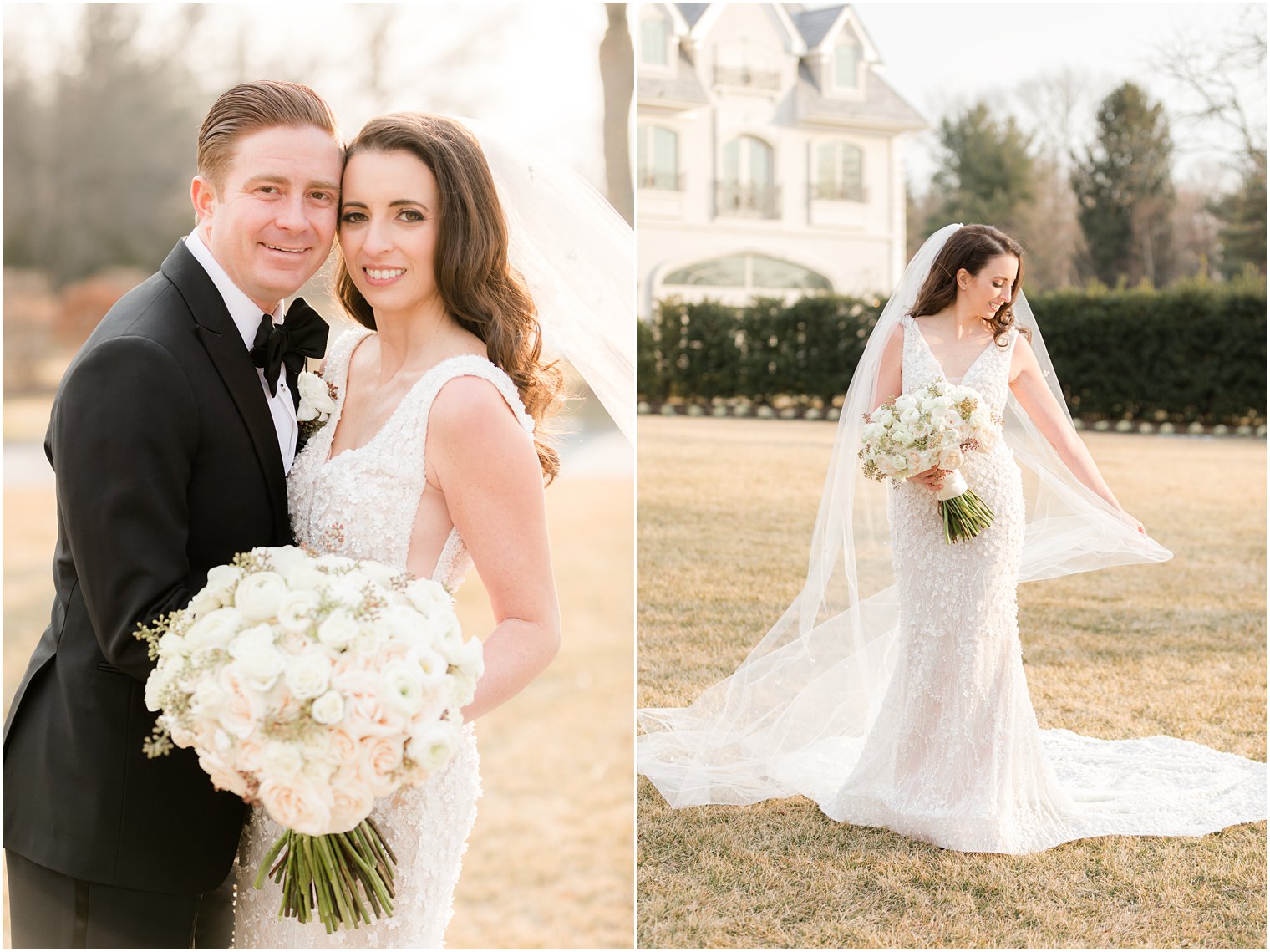 bride and groom stand together on lawn at Park Chateau while bride holds bouquet of all-white flowers 