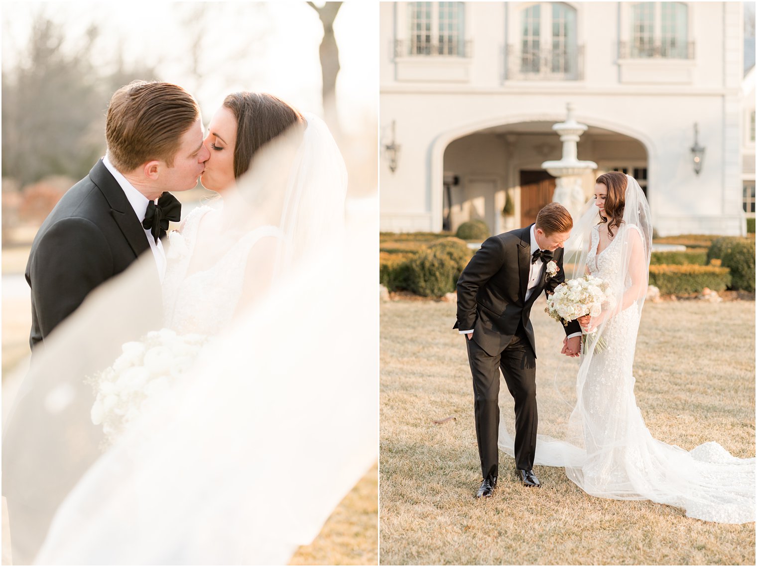 bride and groom kiss during NJ wedding portraits in the winter 