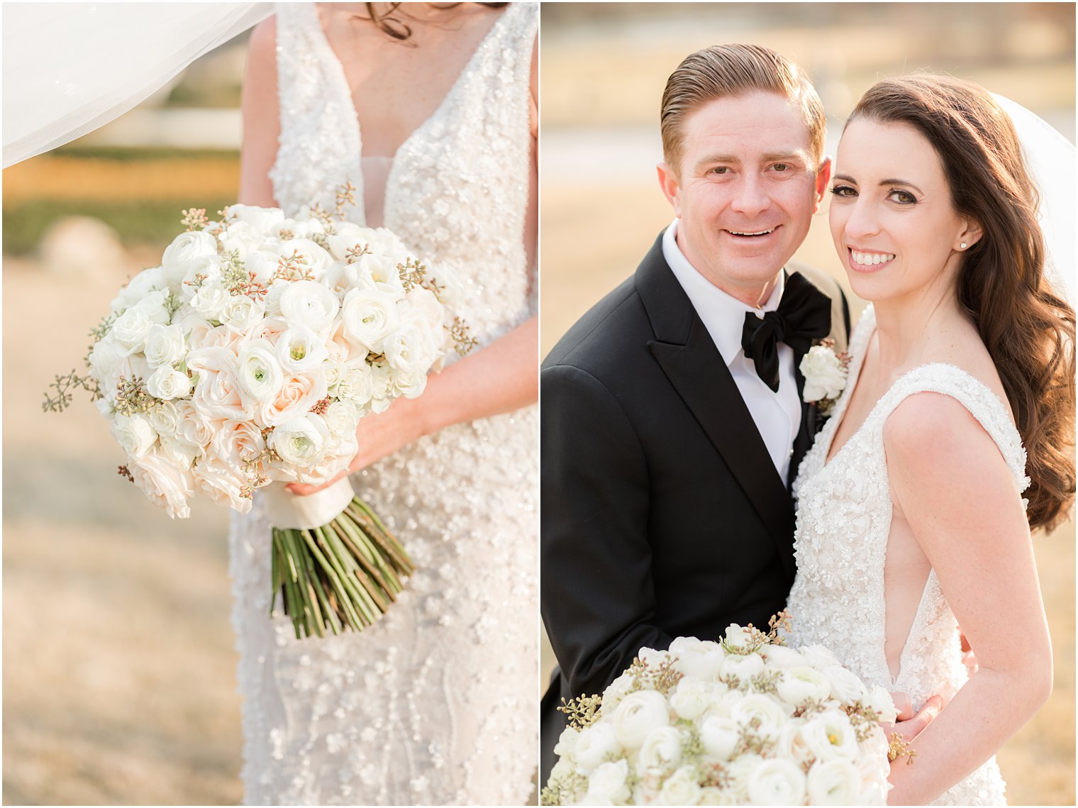 bride holds bouquet of white and pale pink flowers from Dahlia Floral and Event Design 