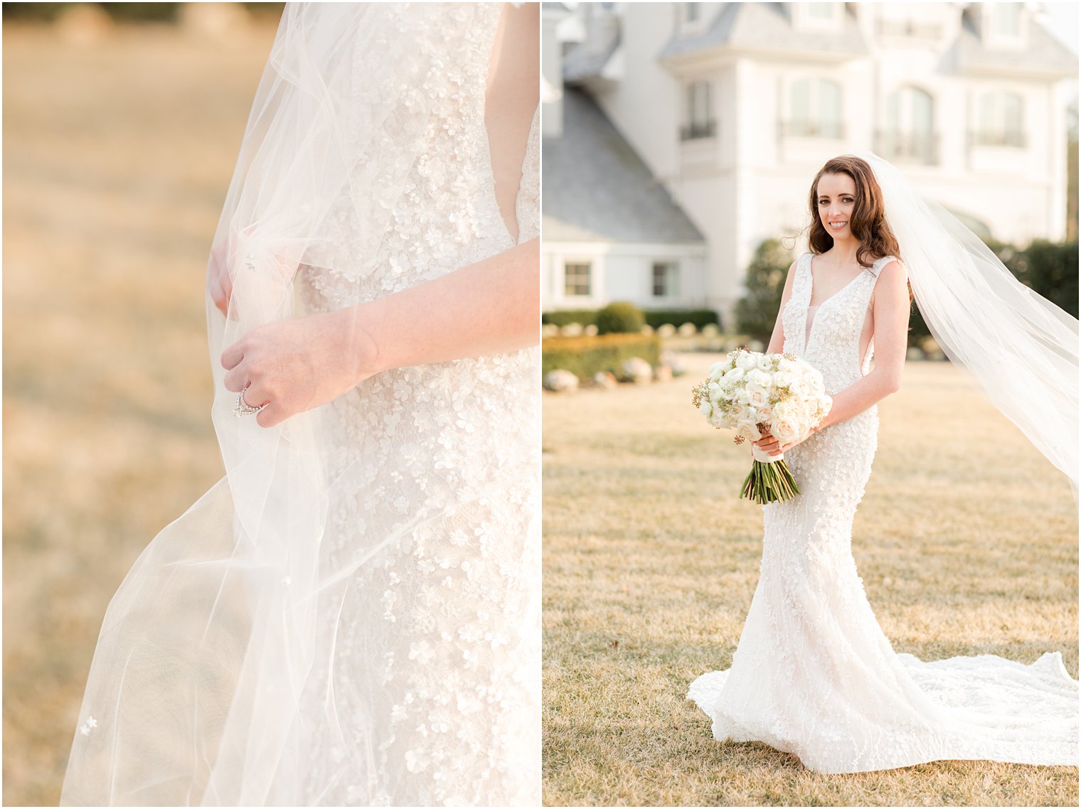 bride holds veil and bouquet with white and pastel pink flowers 