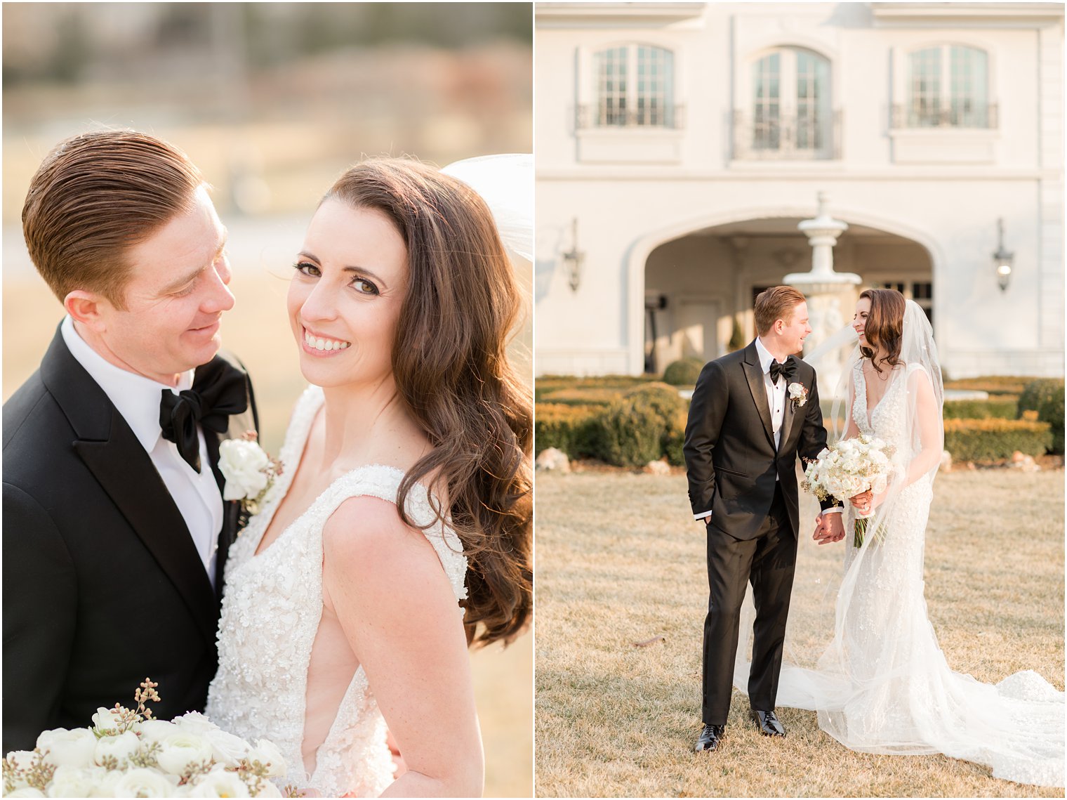bride and groom smile together on lawn before Park Chateau winter wedding