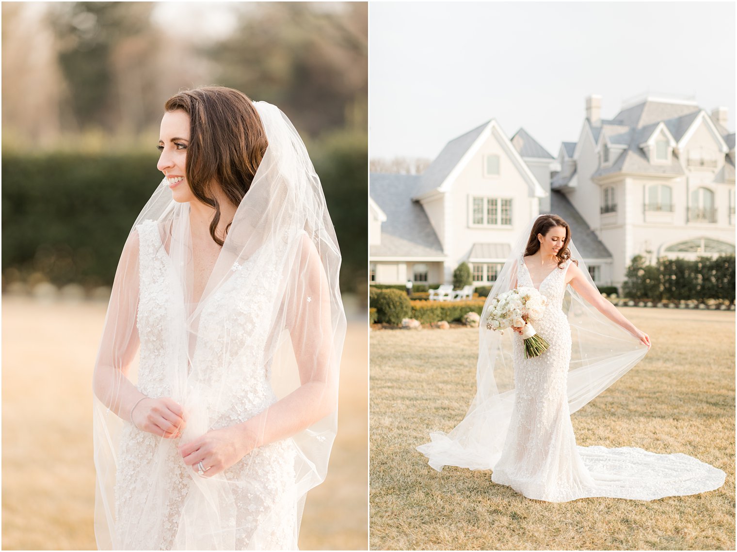 bride holds veil around her shoulders during NJ wedding portraits 