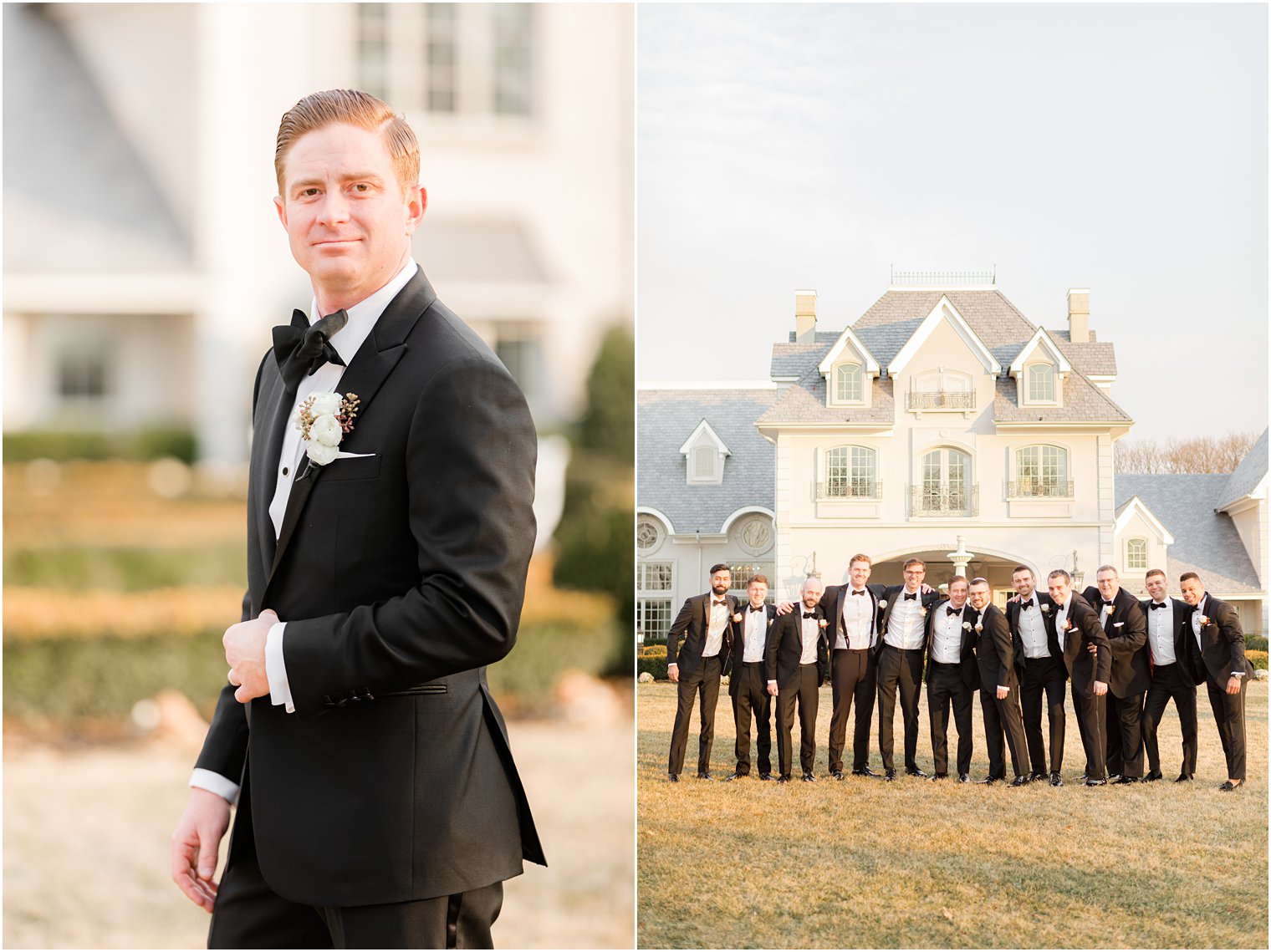 groom stands with groomsmen in tuxes outside Park Chateau Estate 