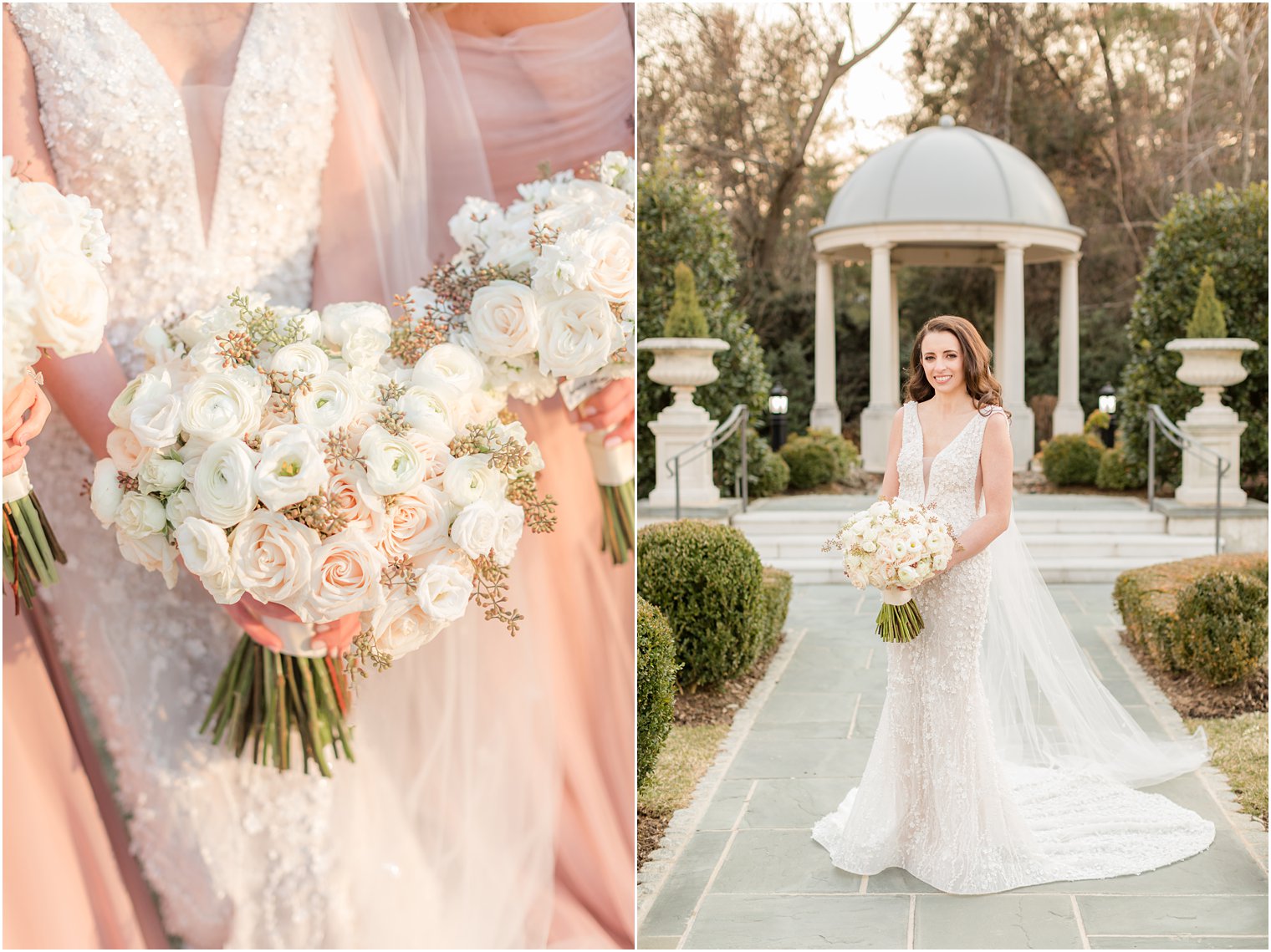 bride poses in front of rotunda at Park Chateau Estate in gardens 